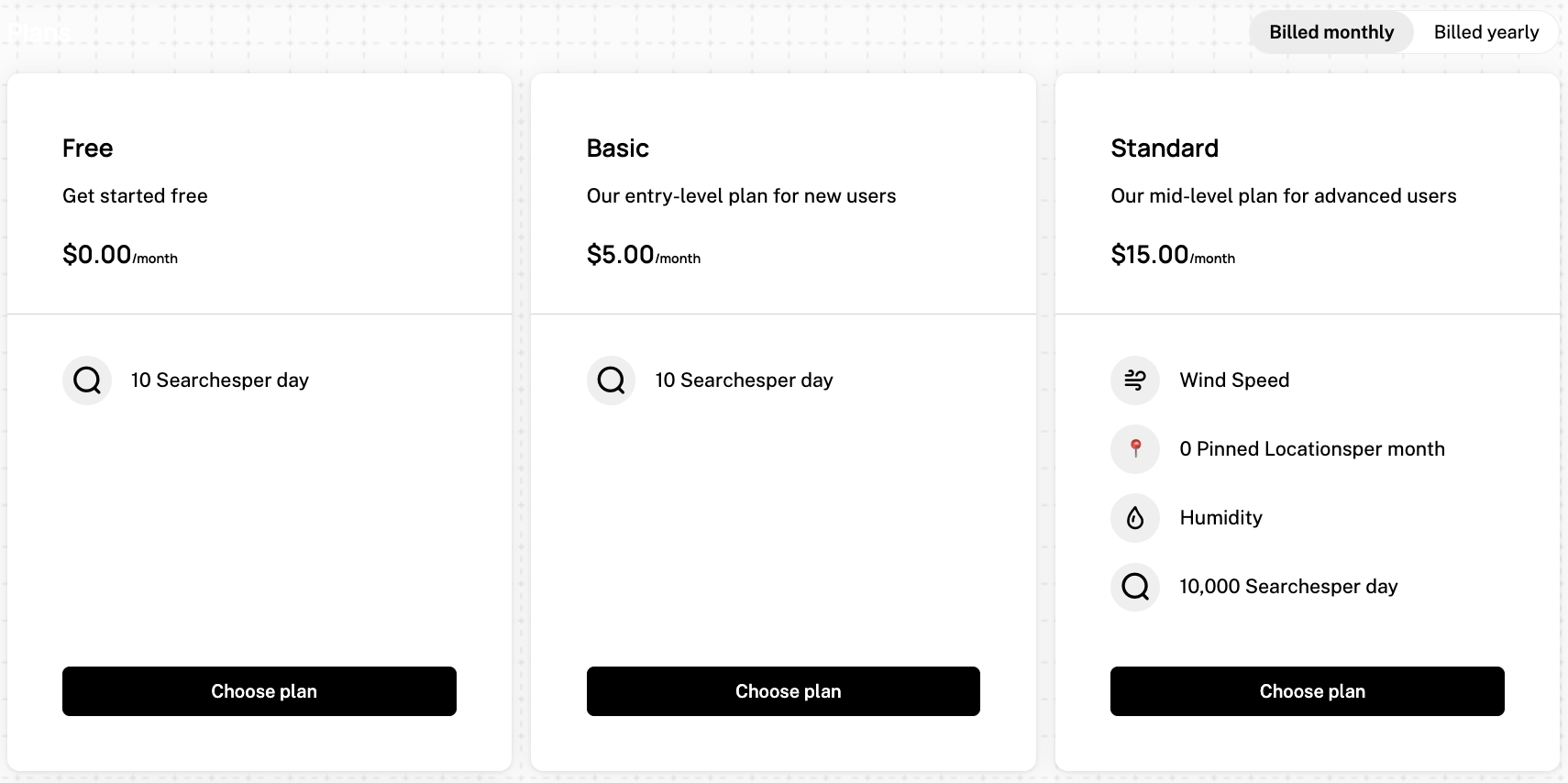 Pricing table