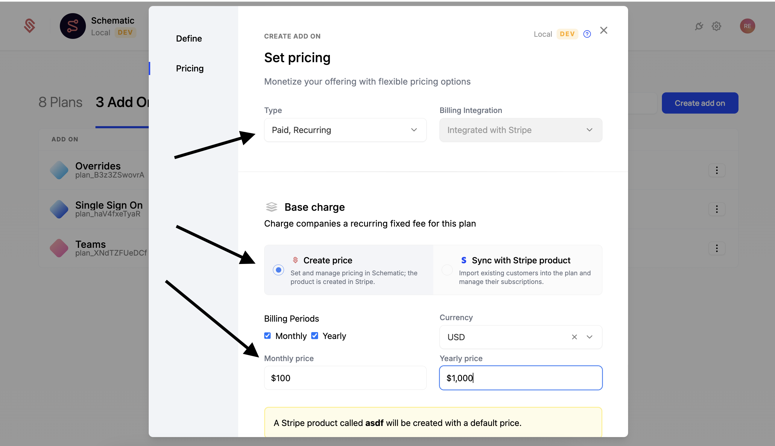 Stripe New Addon and Prices