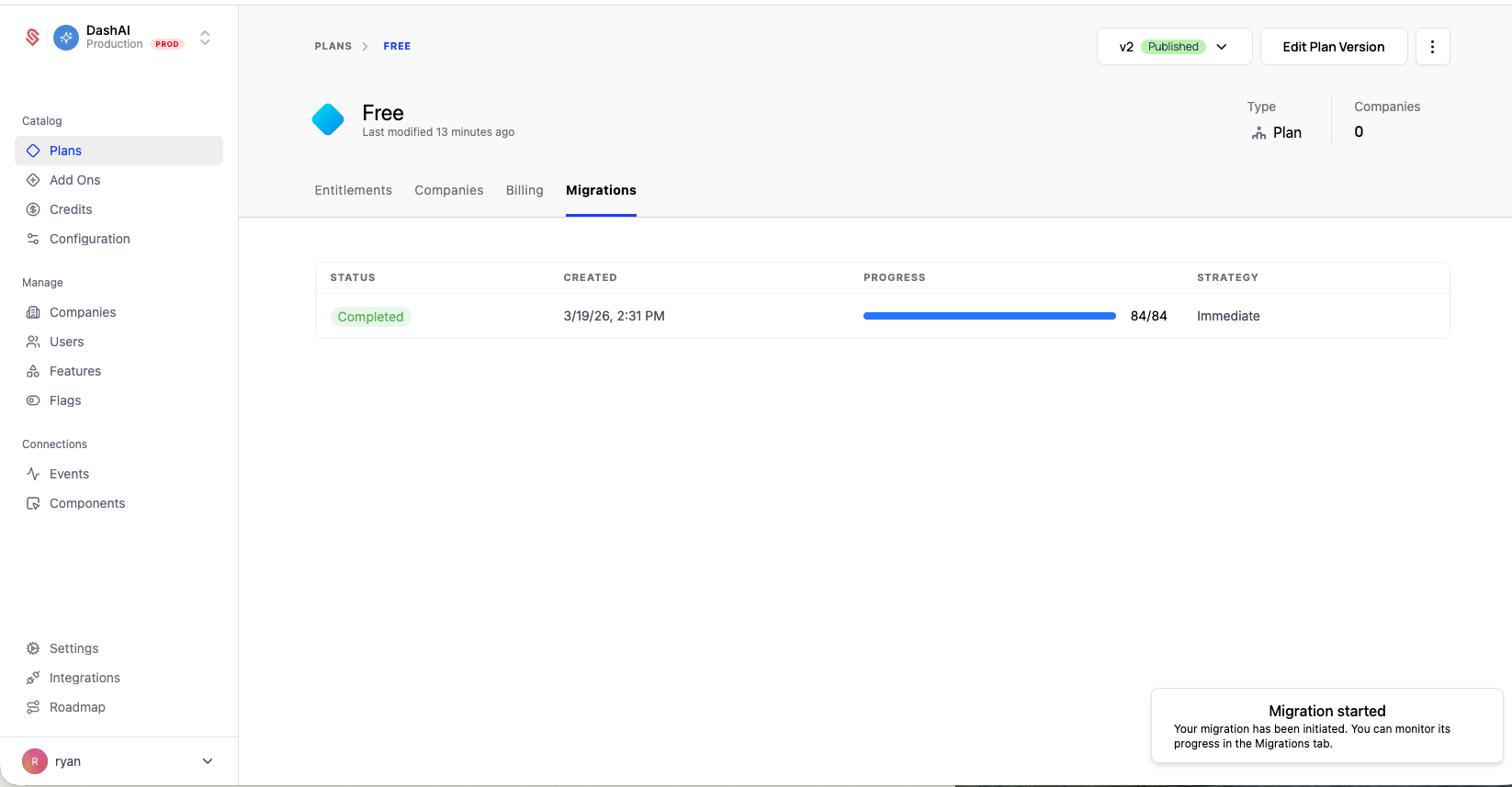 Plan version - migrations tab