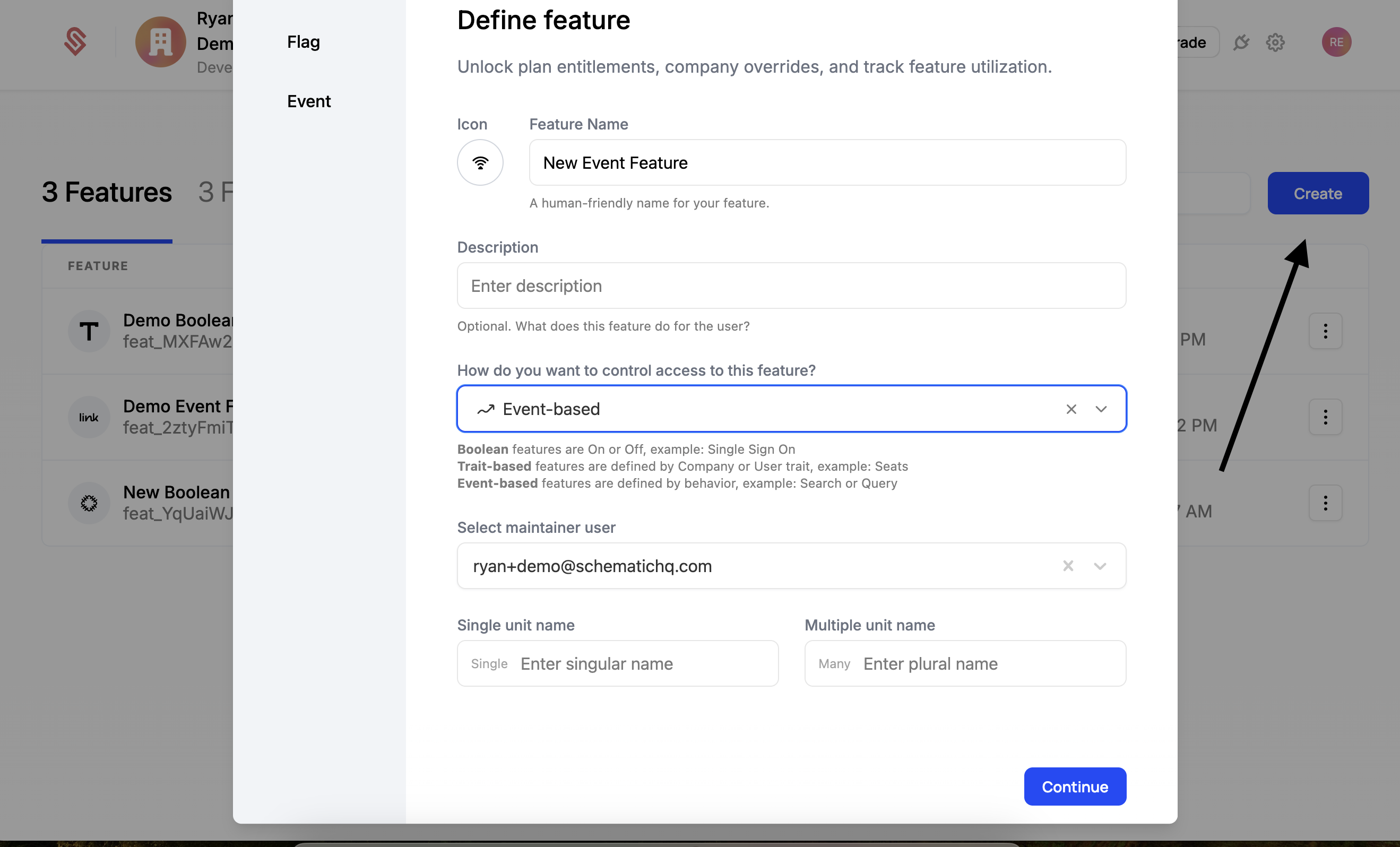 Create an event-based feature step 1