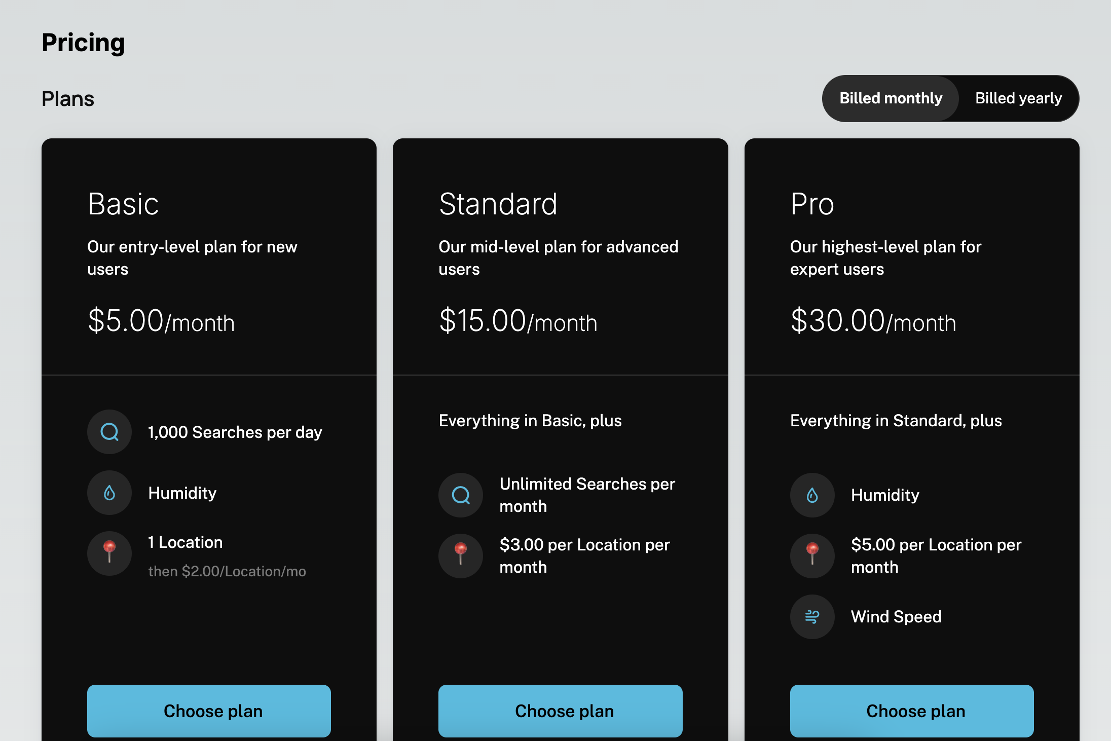 Standalone Pricing Table