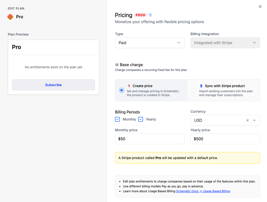 Schematic plans mapped to Stripe billing