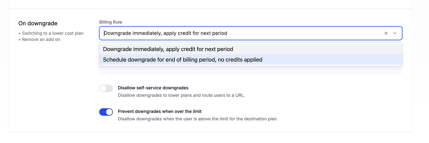 Scheduled downgrade billing rule setting