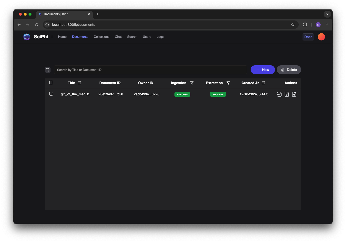 Successful ingestion and extraction in the R2R dashboard.