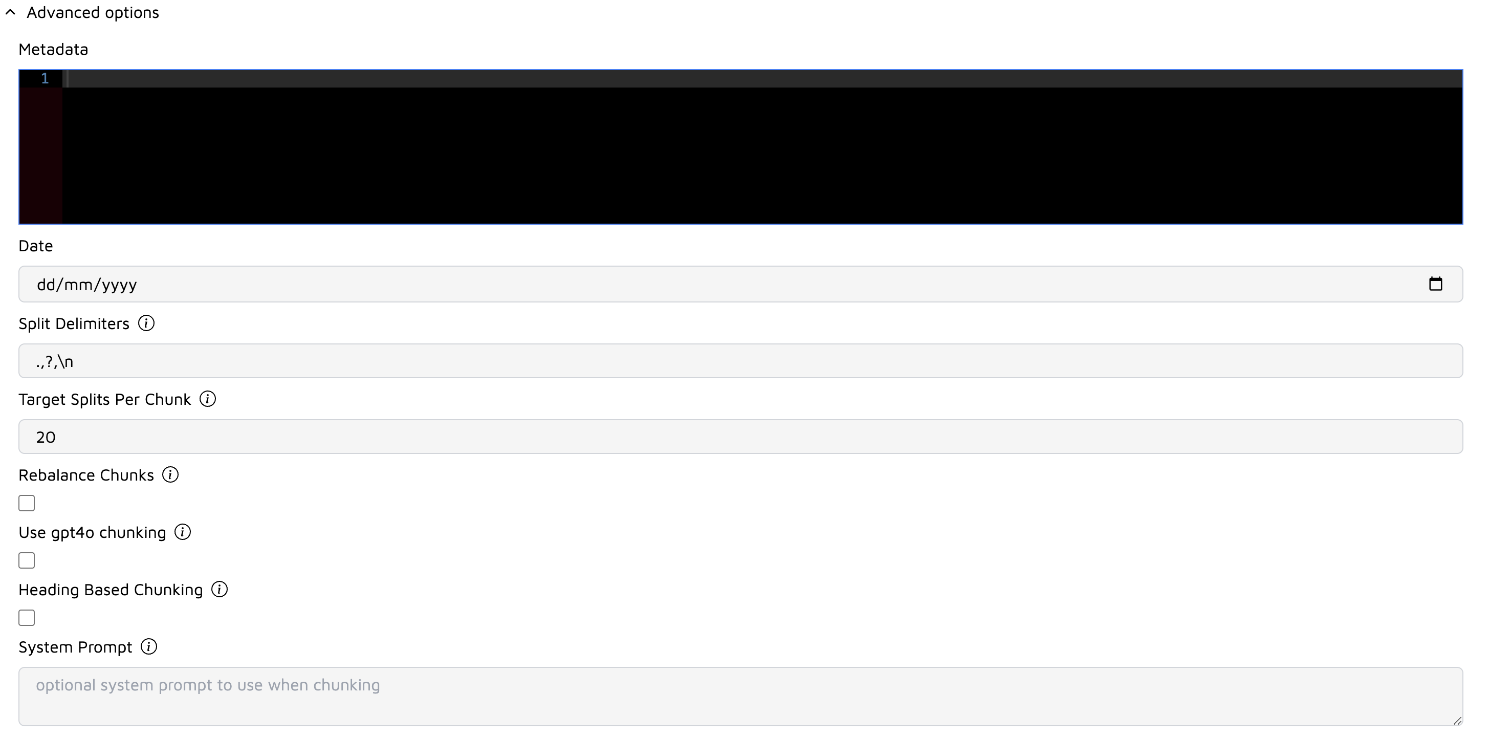 Upload files advanced options in Trieve