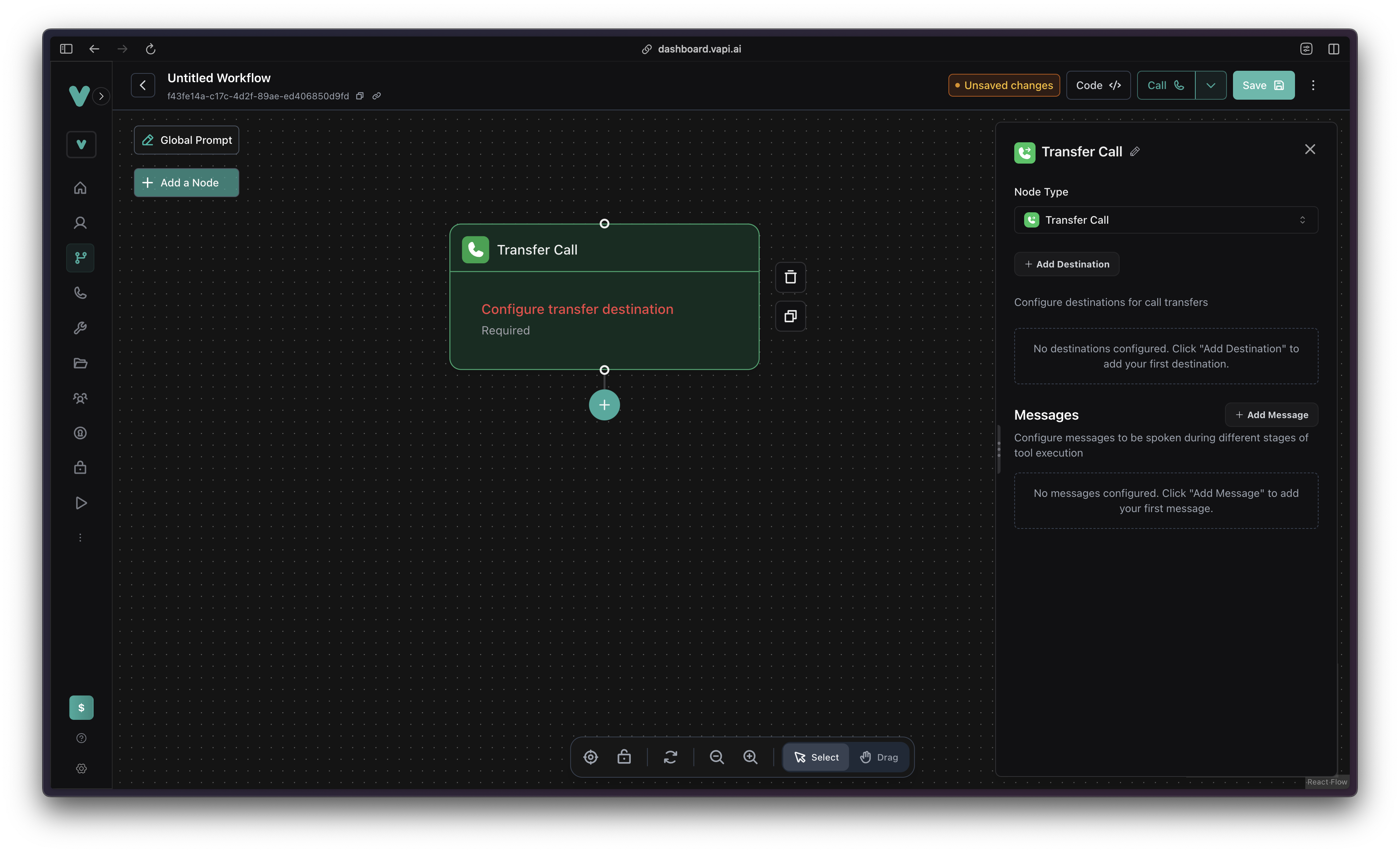 Transfer Call Node interface