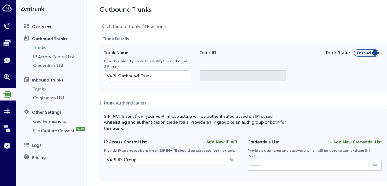 Create New Outbound Trunk