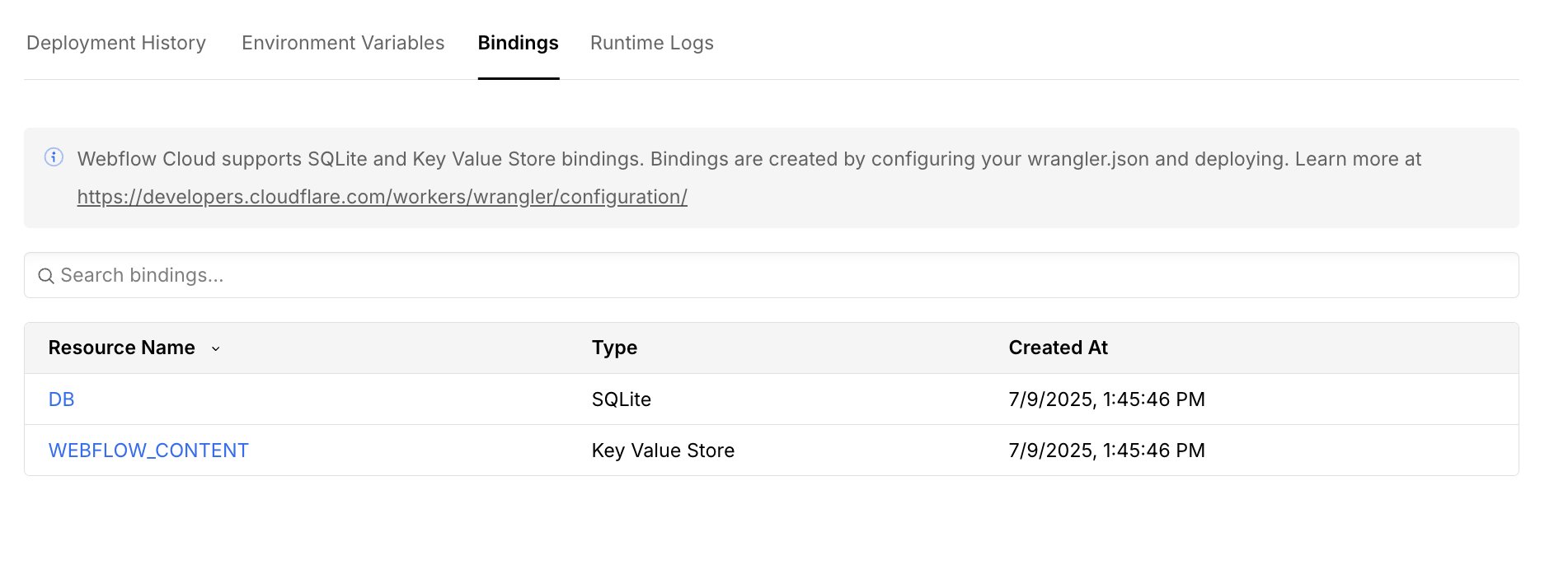 Bindings tab in Webflow Cloud environment dashboard
