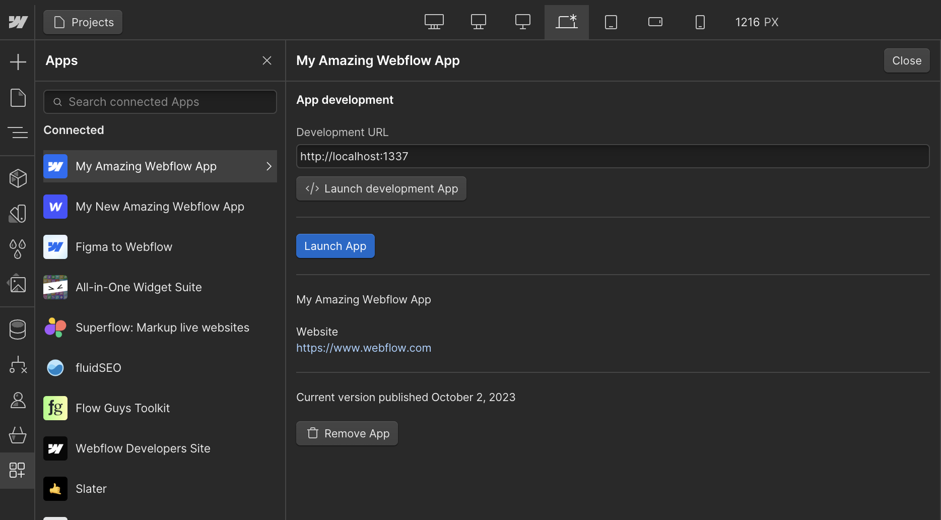 Launch app button in App settings