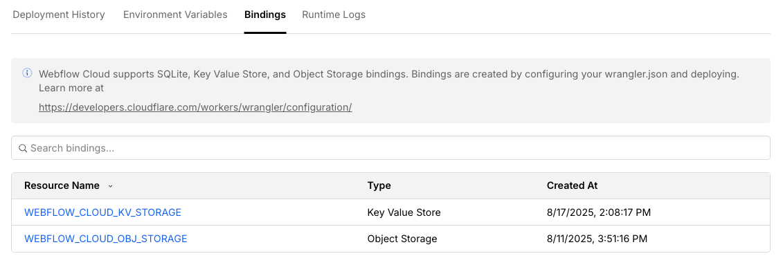 Bindings tab in Webflow Cloud environment dashboard