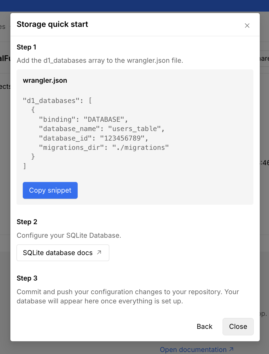 Example snippet for adding a SQLite database