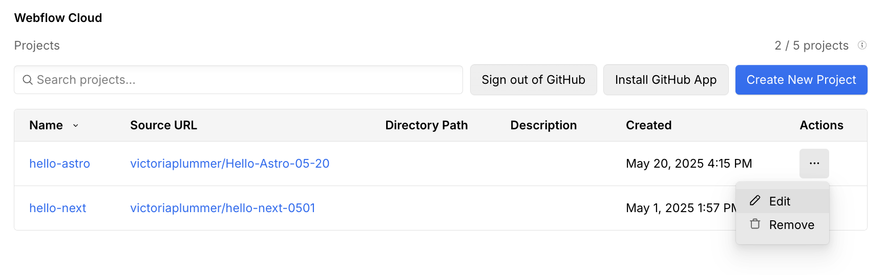 Project settings in Webflow Cloud