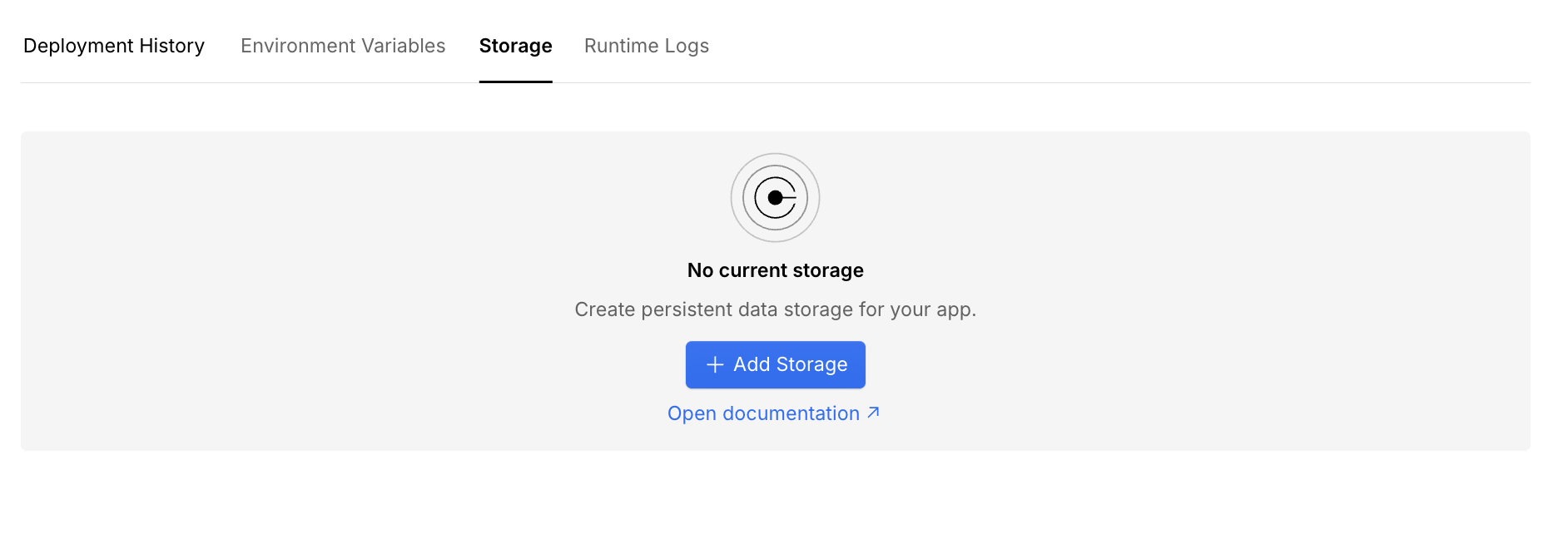 Example screenshot of the Storage tab in the environment dashboard