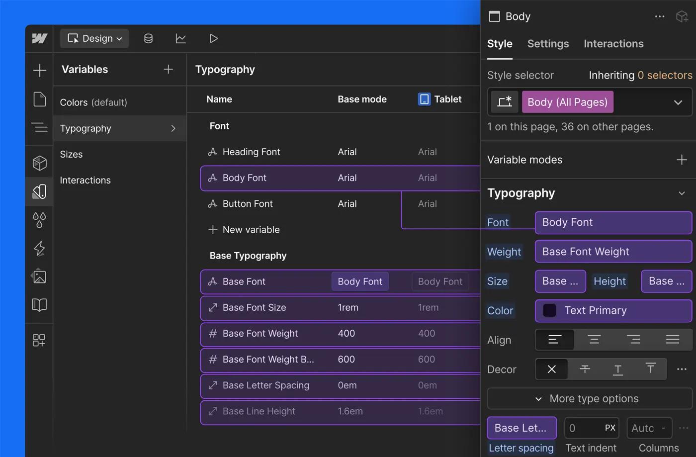 Styles panel with linked variables