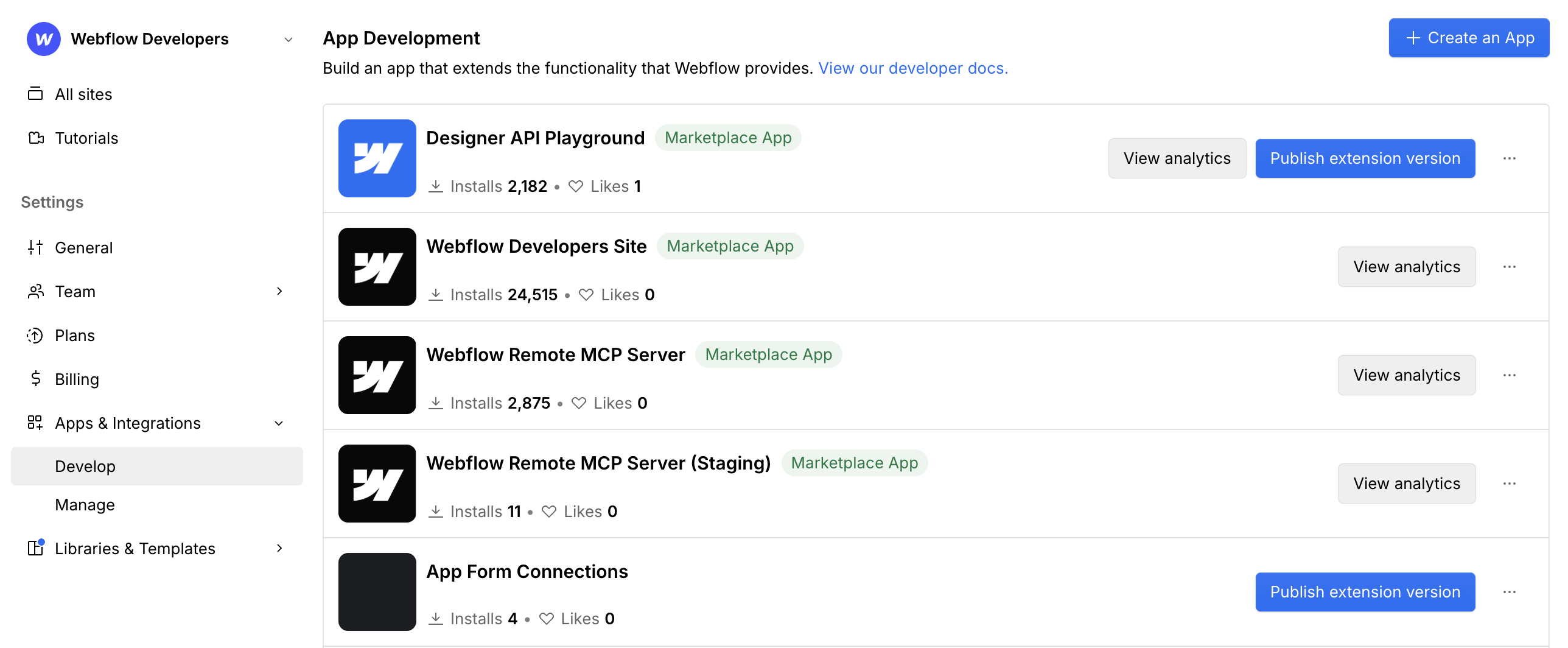 Publish extension version button in App settings