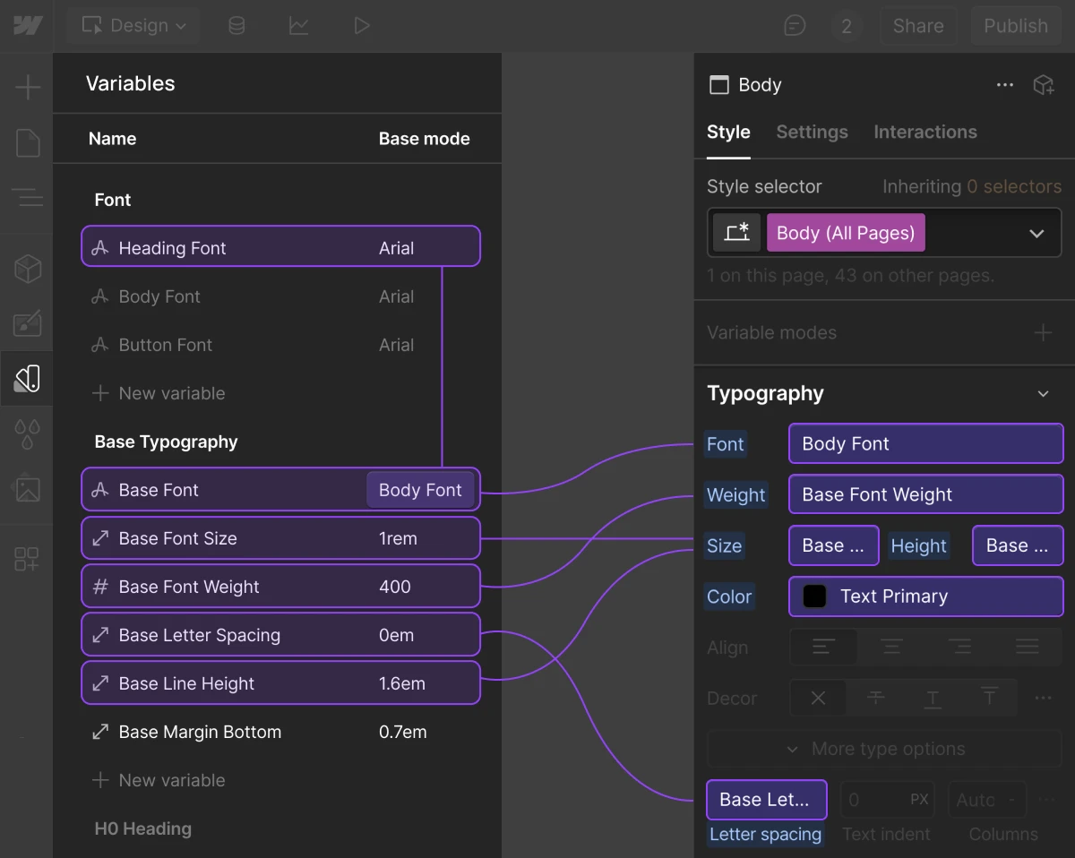 Styles panel with linked variables