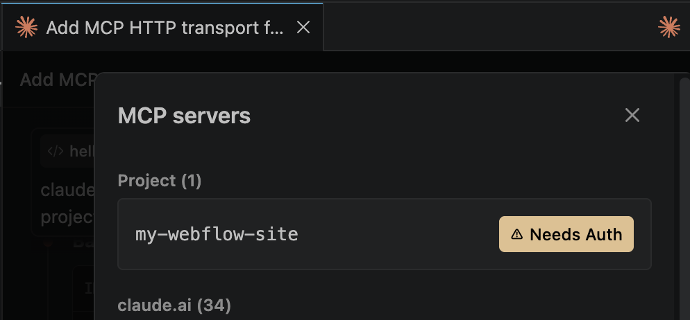 The project-specific MCP server connection in VSCode, needing authentication