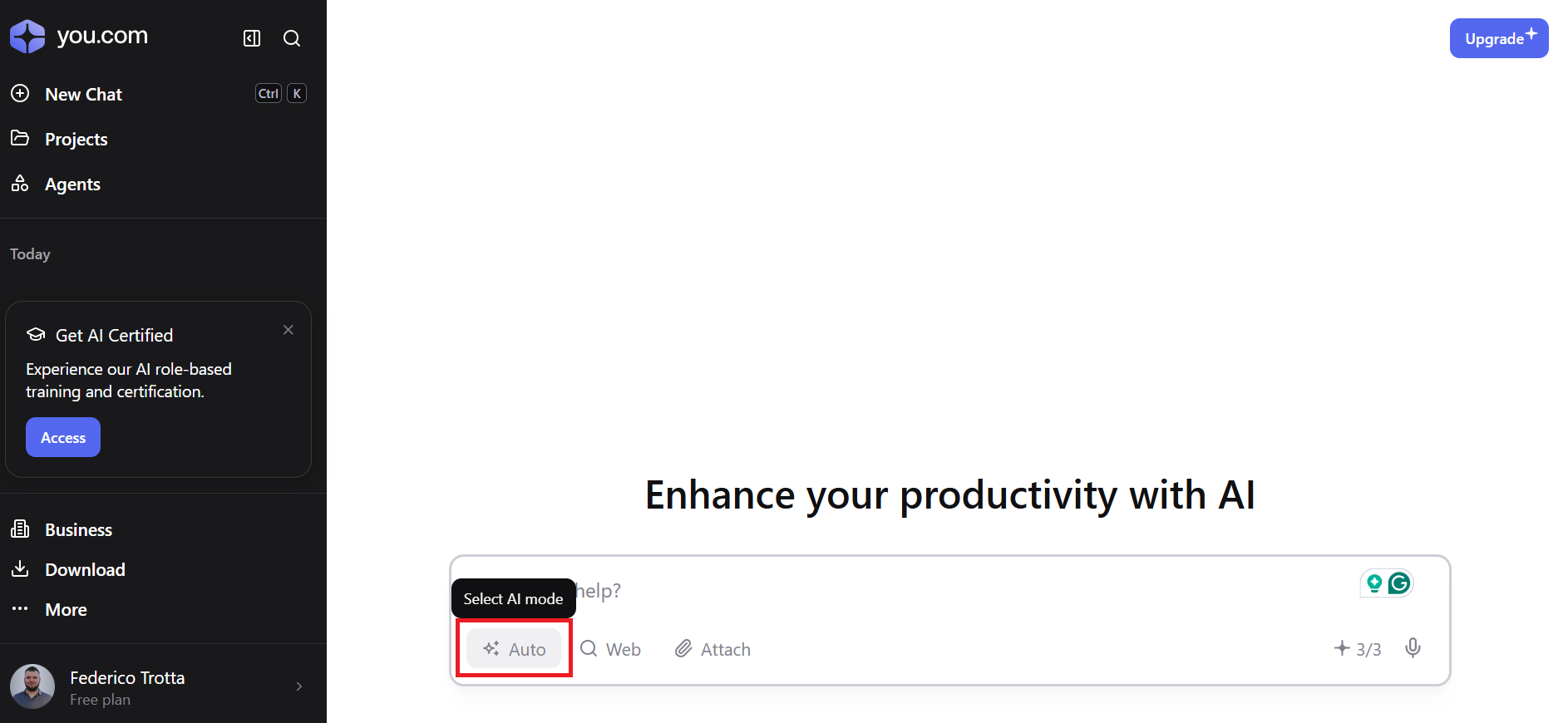 Selecting the AI mode for calling a Custom Agent via chat
