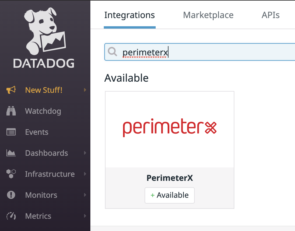 The PerimeterX integration in Datadog's Integrations marketplace