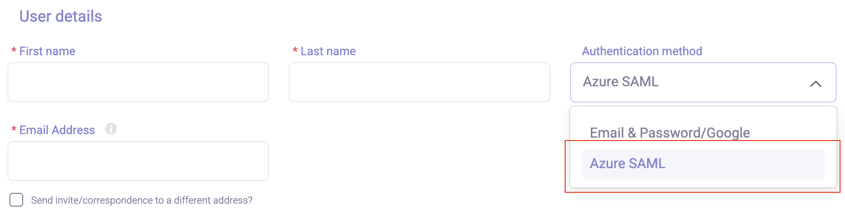Example of an Azure SAML authentication method appearing when adding a new user