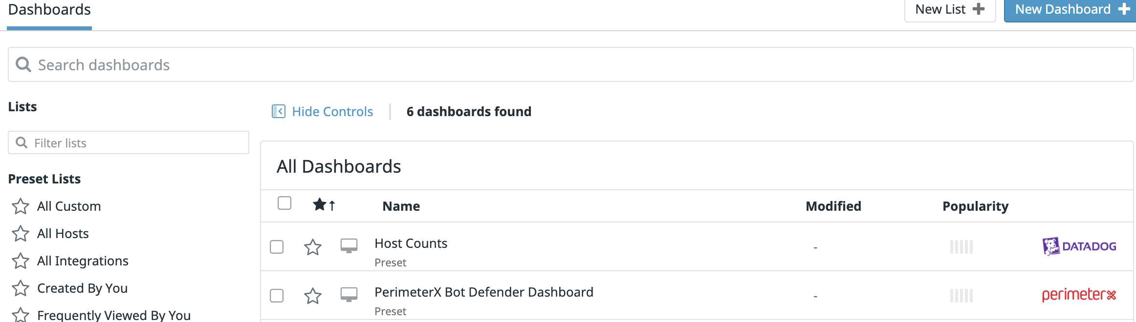 Confirm a PerimeterX dashboard appears in your Datadog dashboards