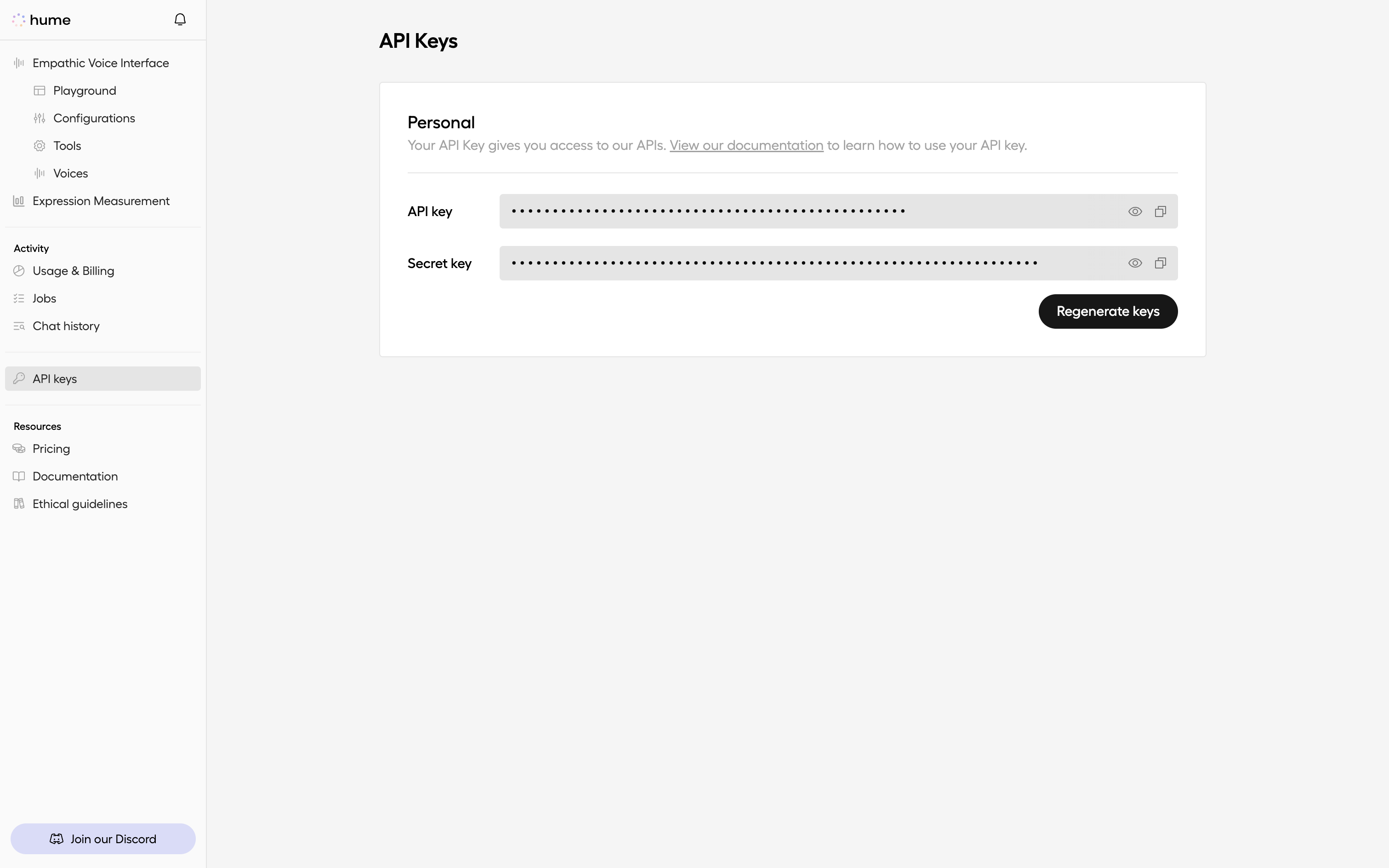 API keys view within the Hume portal