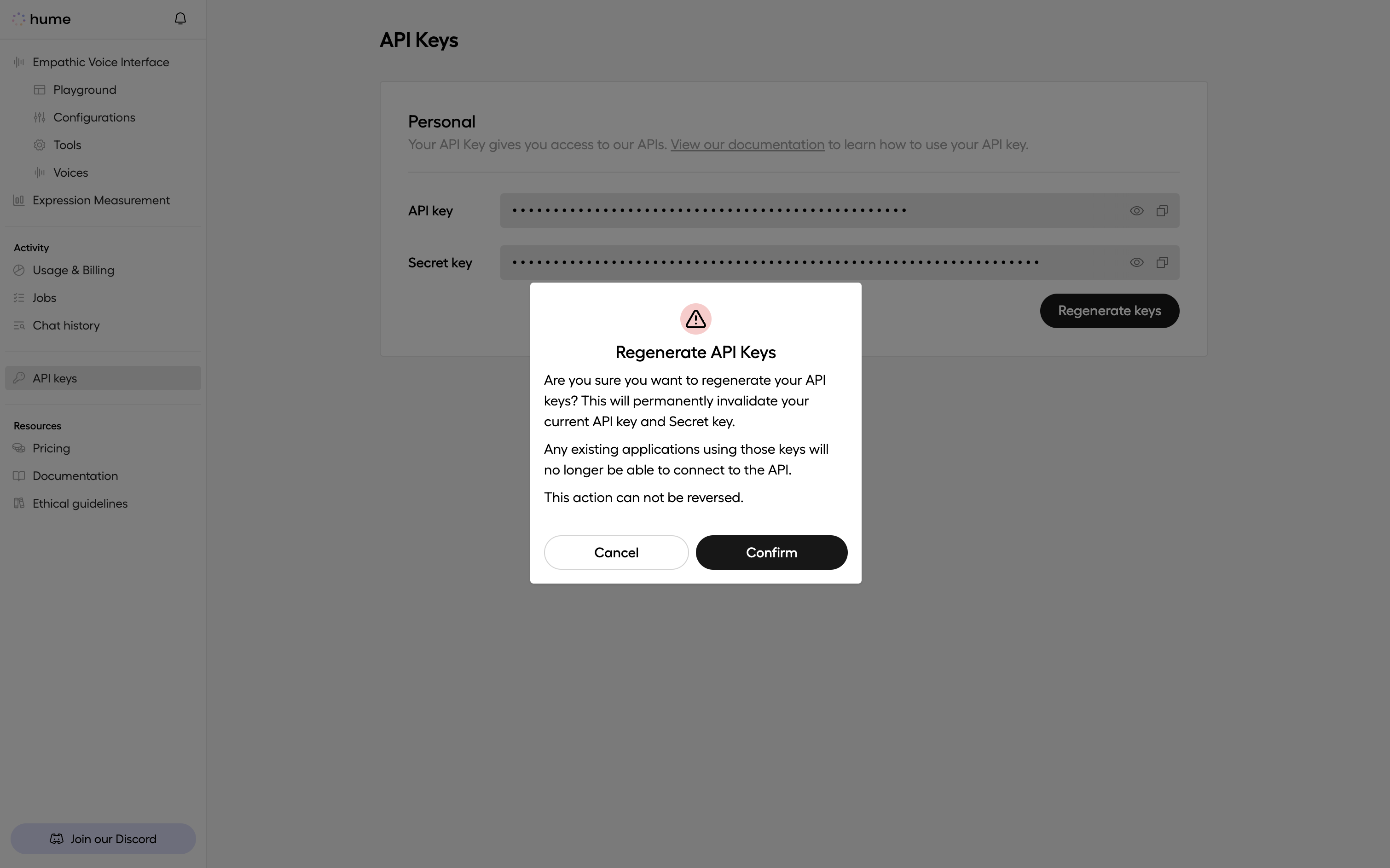 Regenerate API keys view within the Hume portal