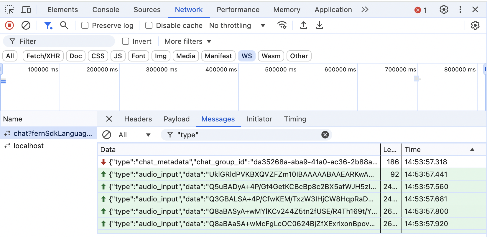 Screenshot of the Network tab in Chrome DevTools showing a WebSocket connection to /v0/evi/chat