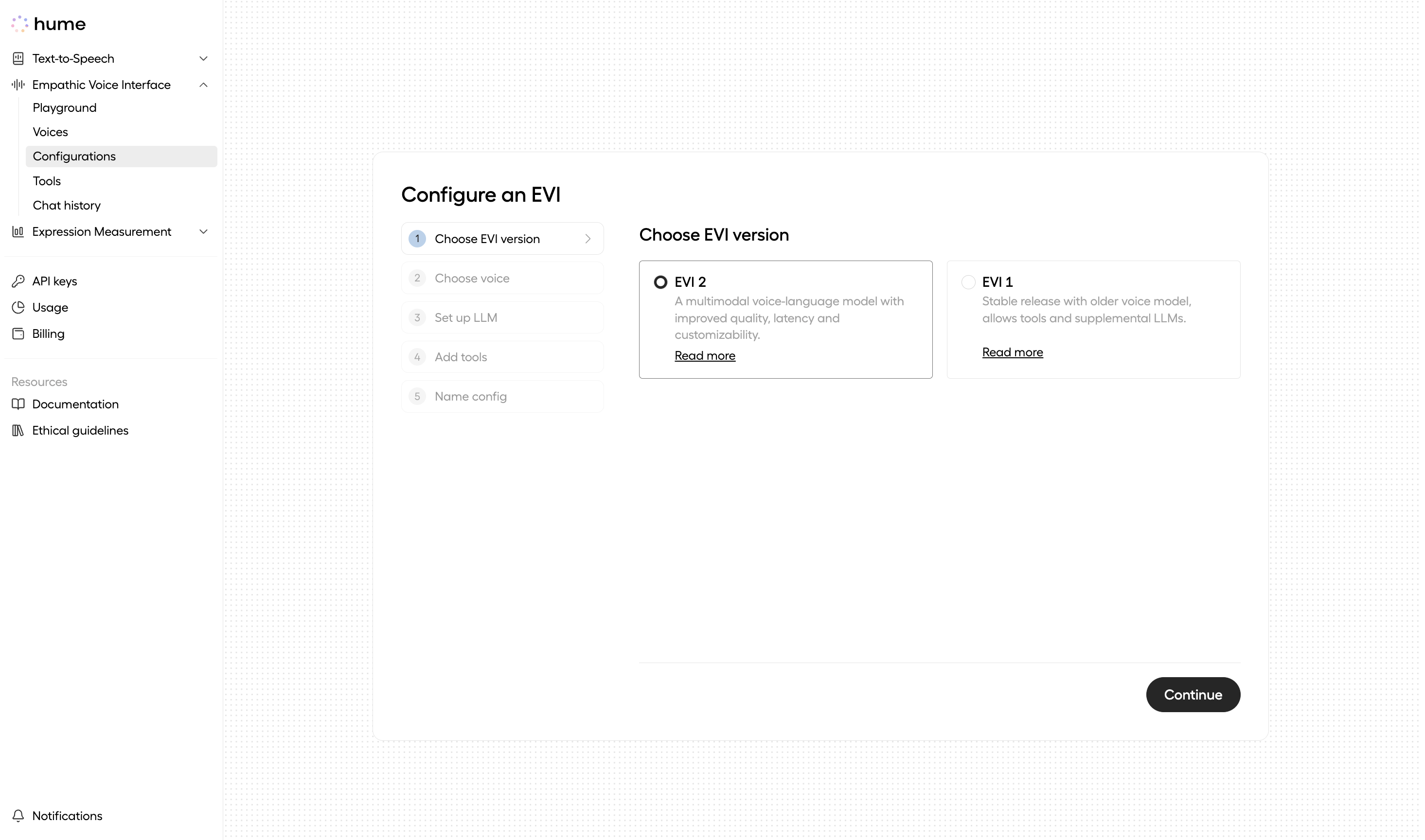 Version selection, the third step of EVI configuration