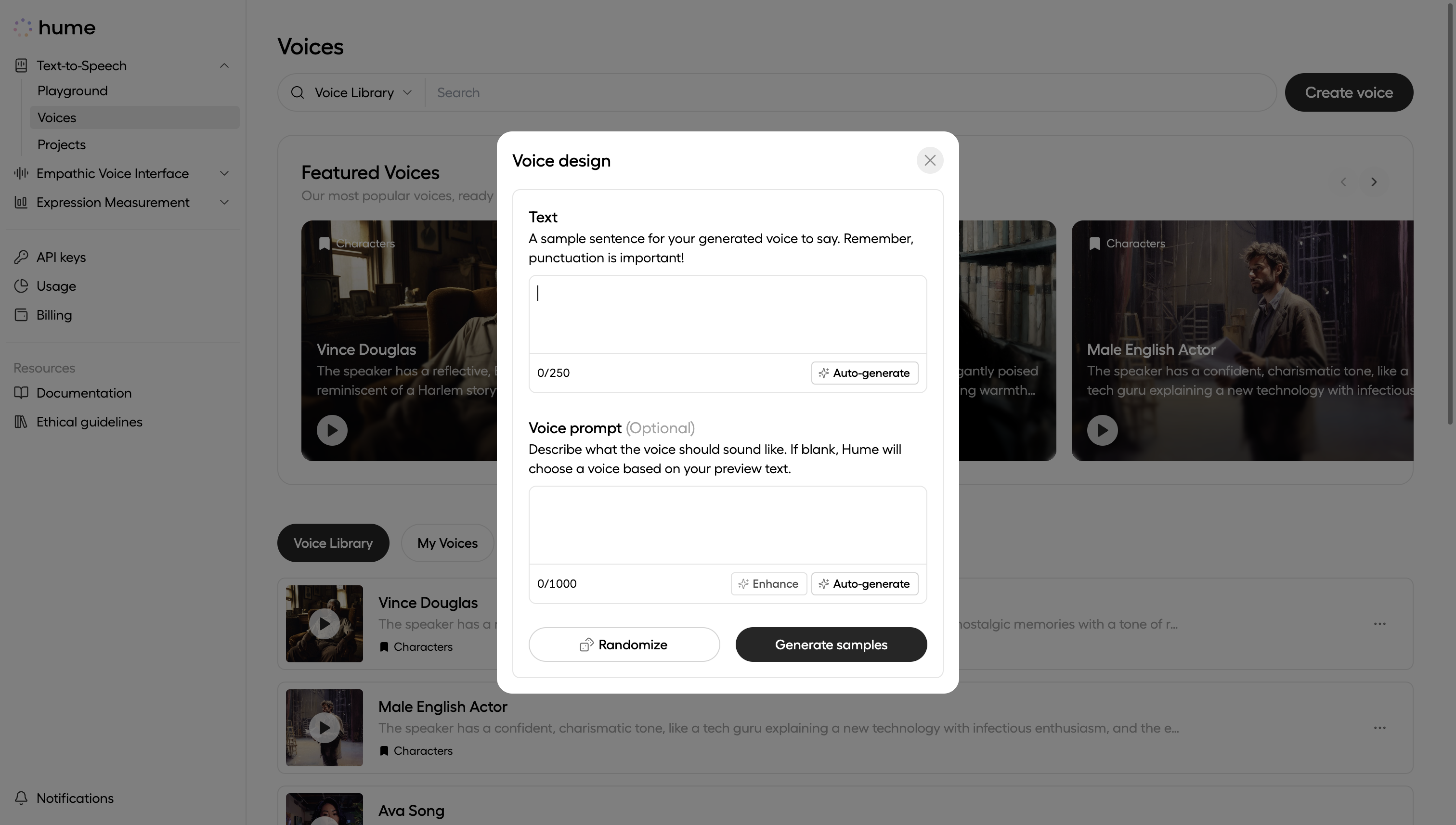 Voice design modal empty