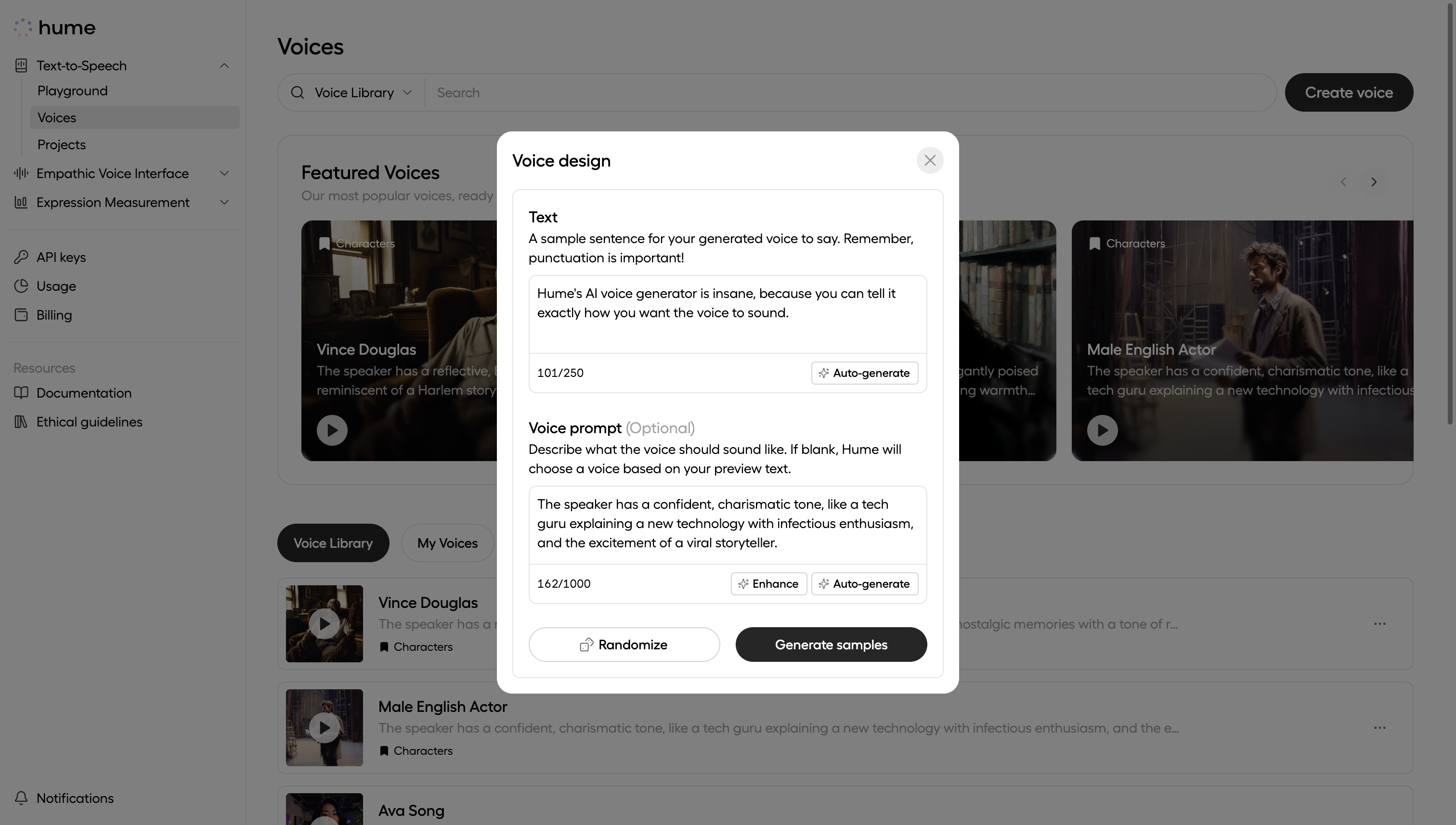 Voice design modal filled