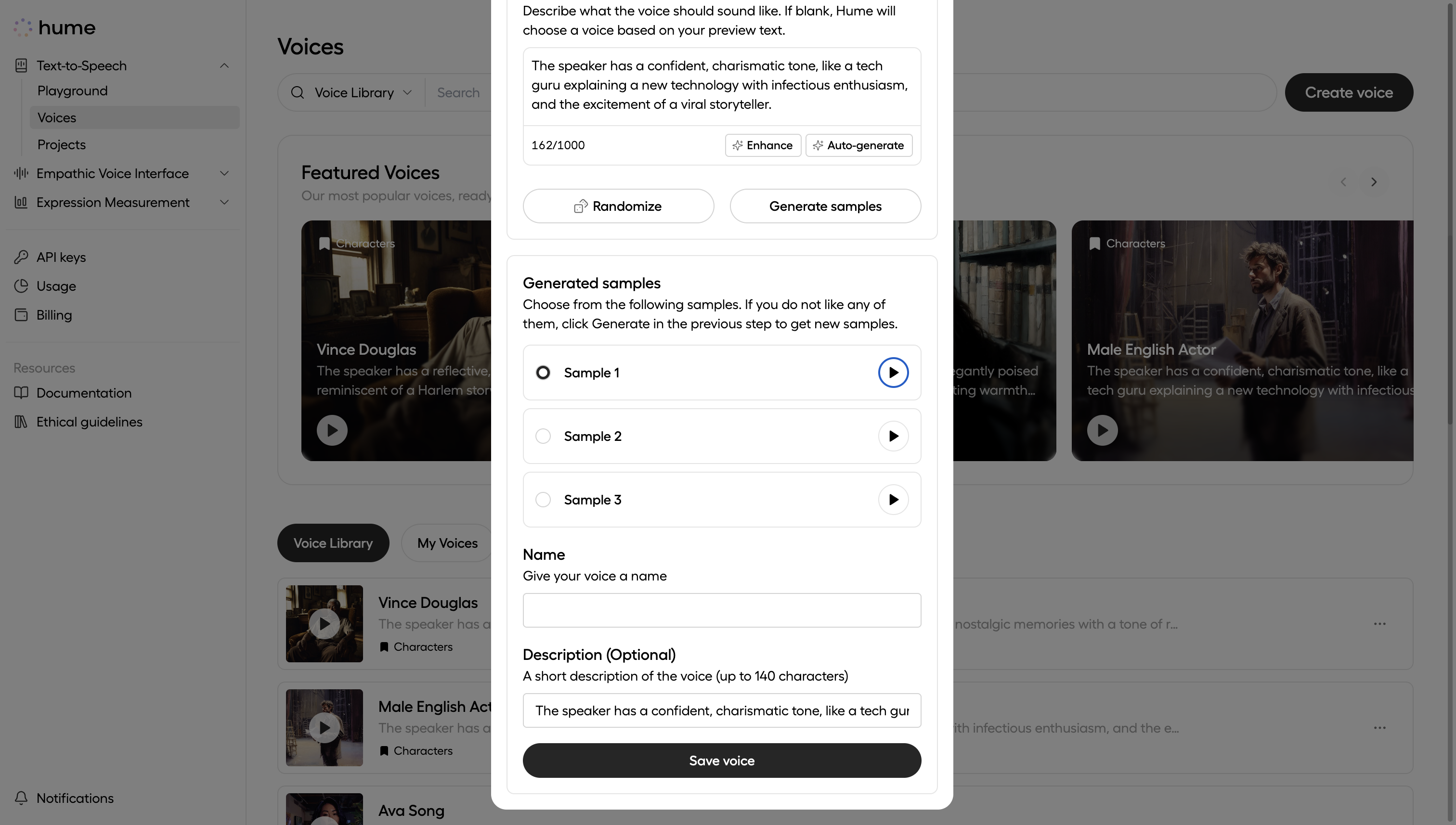 Voice design modal samples