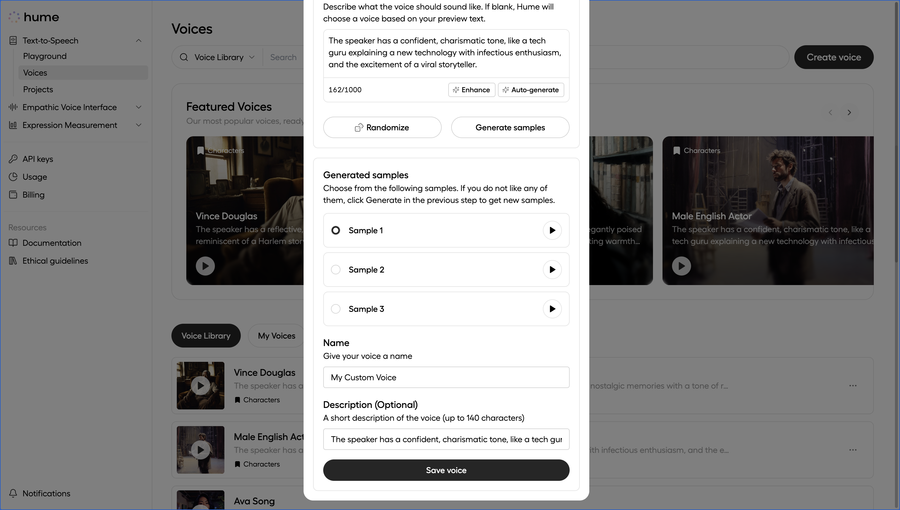 Voice design modal named voice