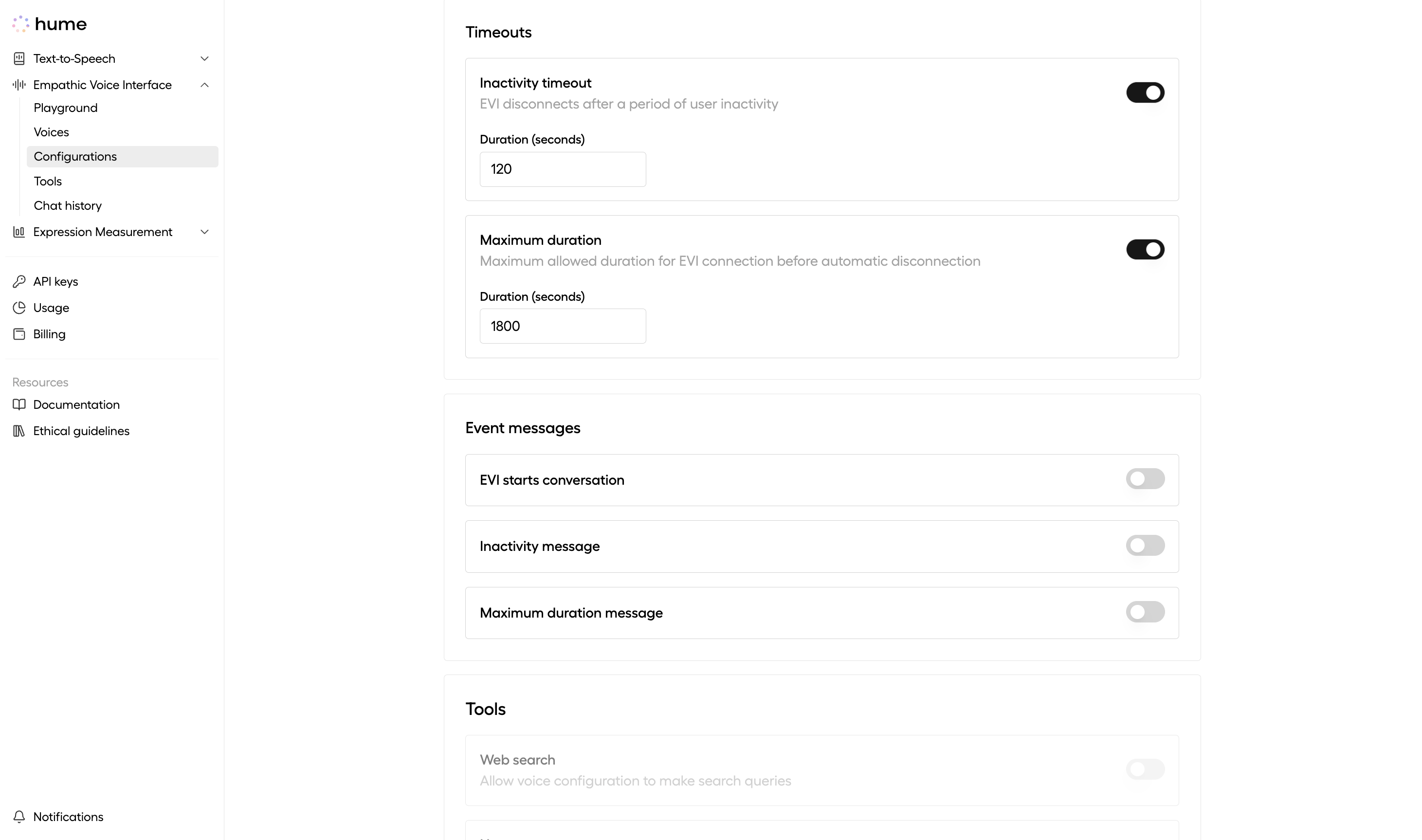 Event message and timeout options on edit page