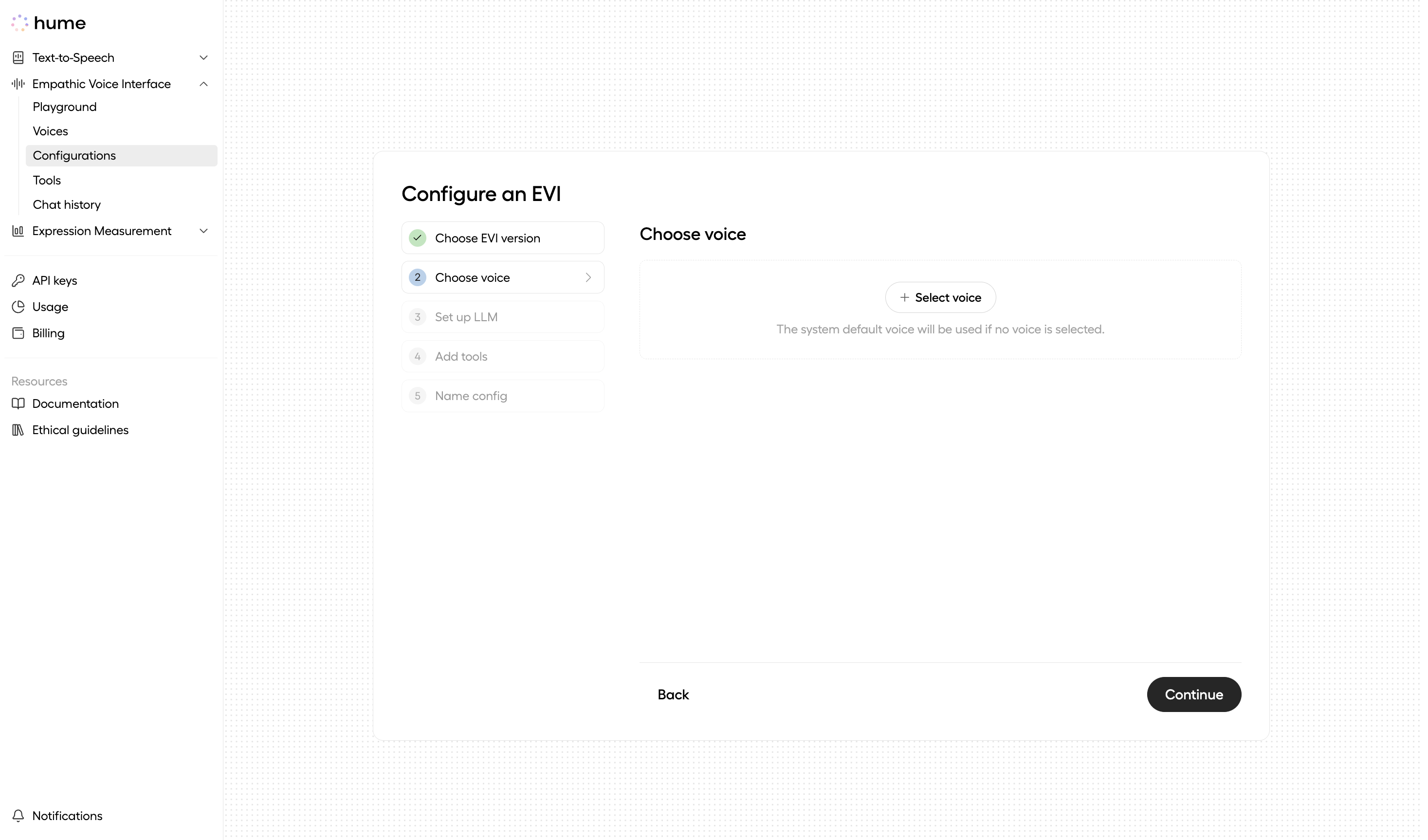 Voice selection, the fourth step of EVI configuration