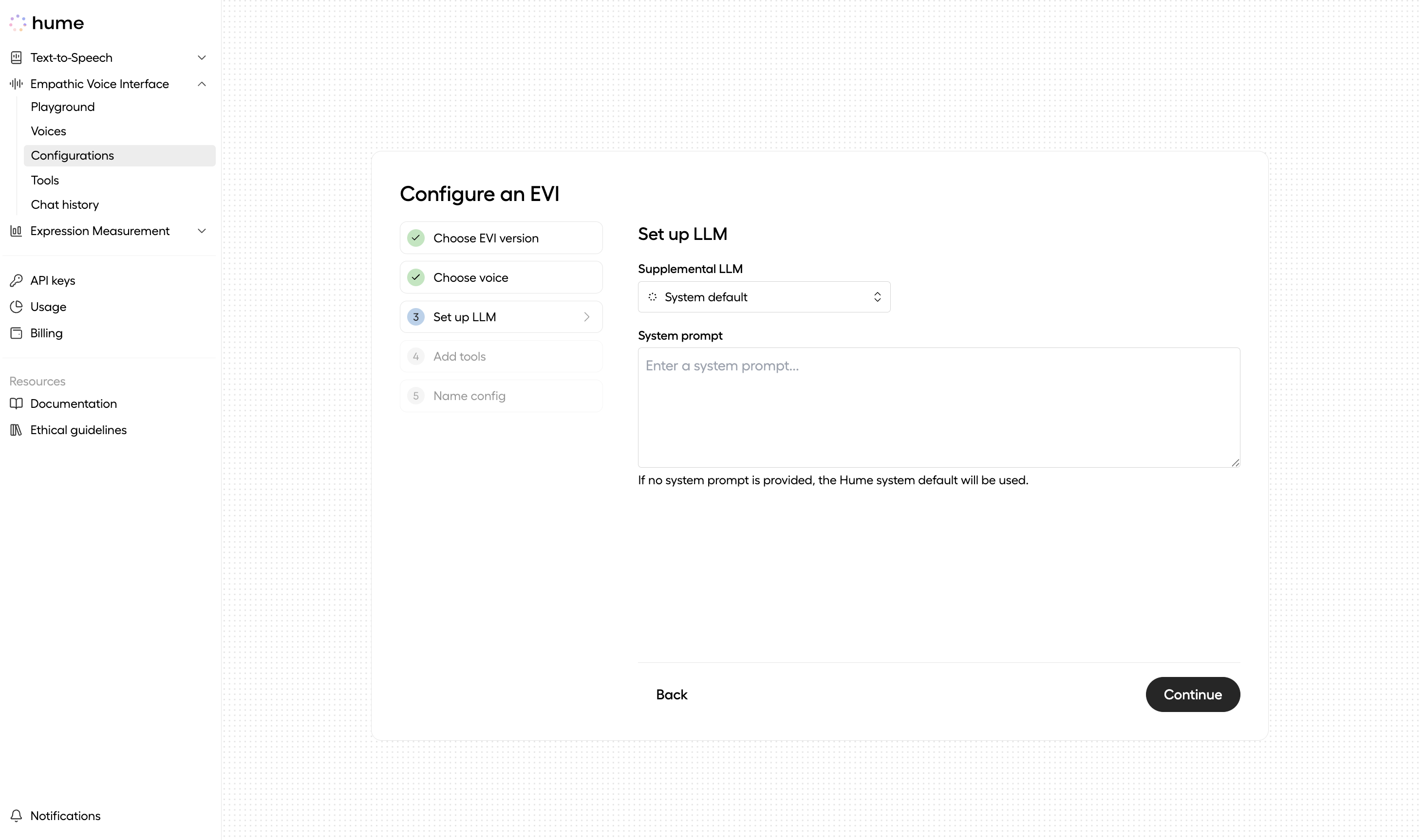 Supplemental LLM setup, the fifth step of EVI configuration