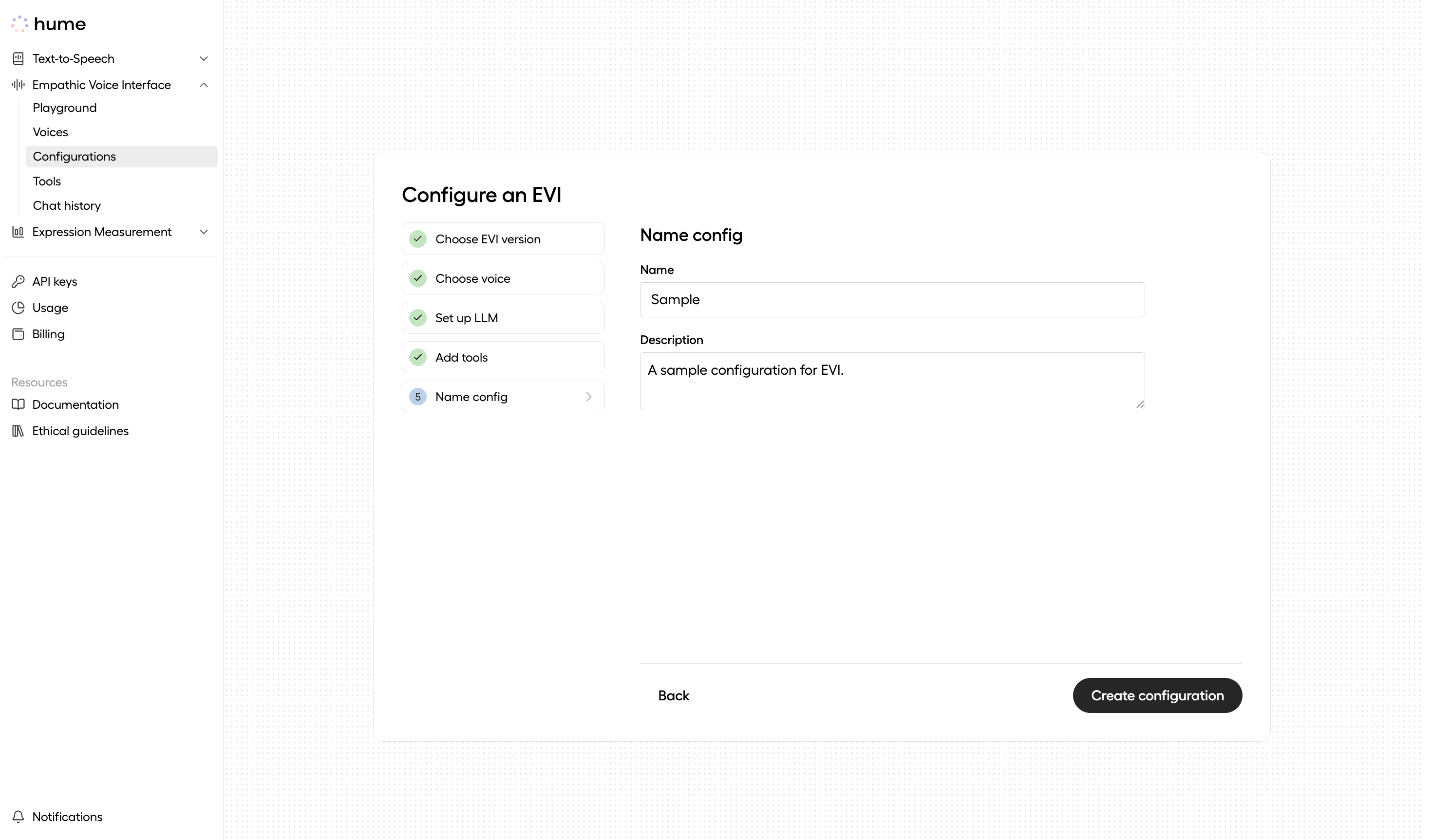 Providing a name and description, the seventh and final step of EVI configuration