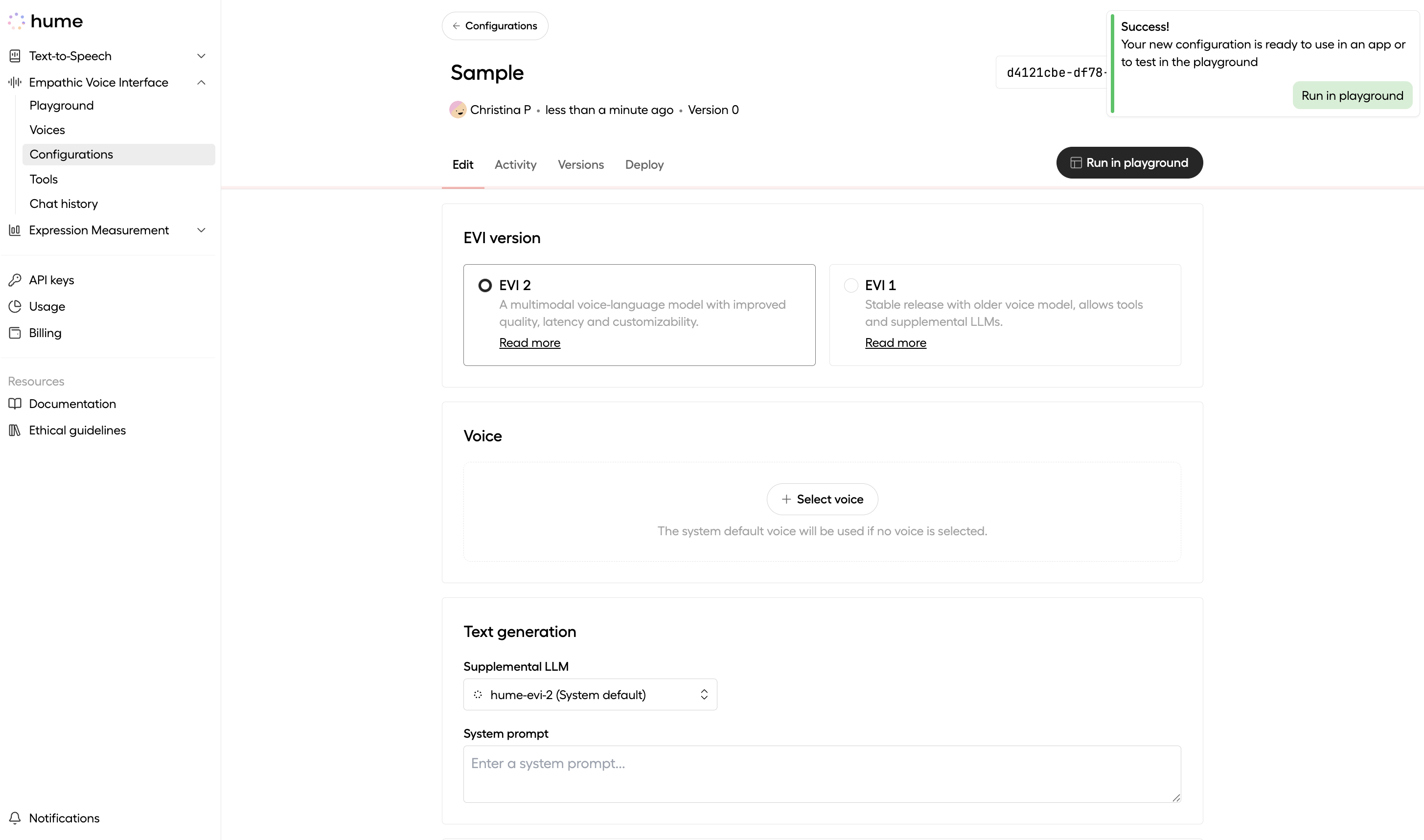 The page shown after a successful EVI configuration; the ID and name
are displayed, and two buttons appear ("Run in playground" and "Edit configuration")