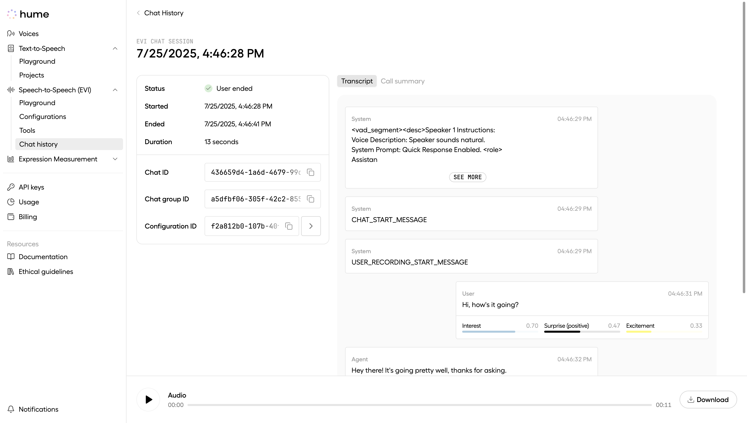 Platform UI chat history page