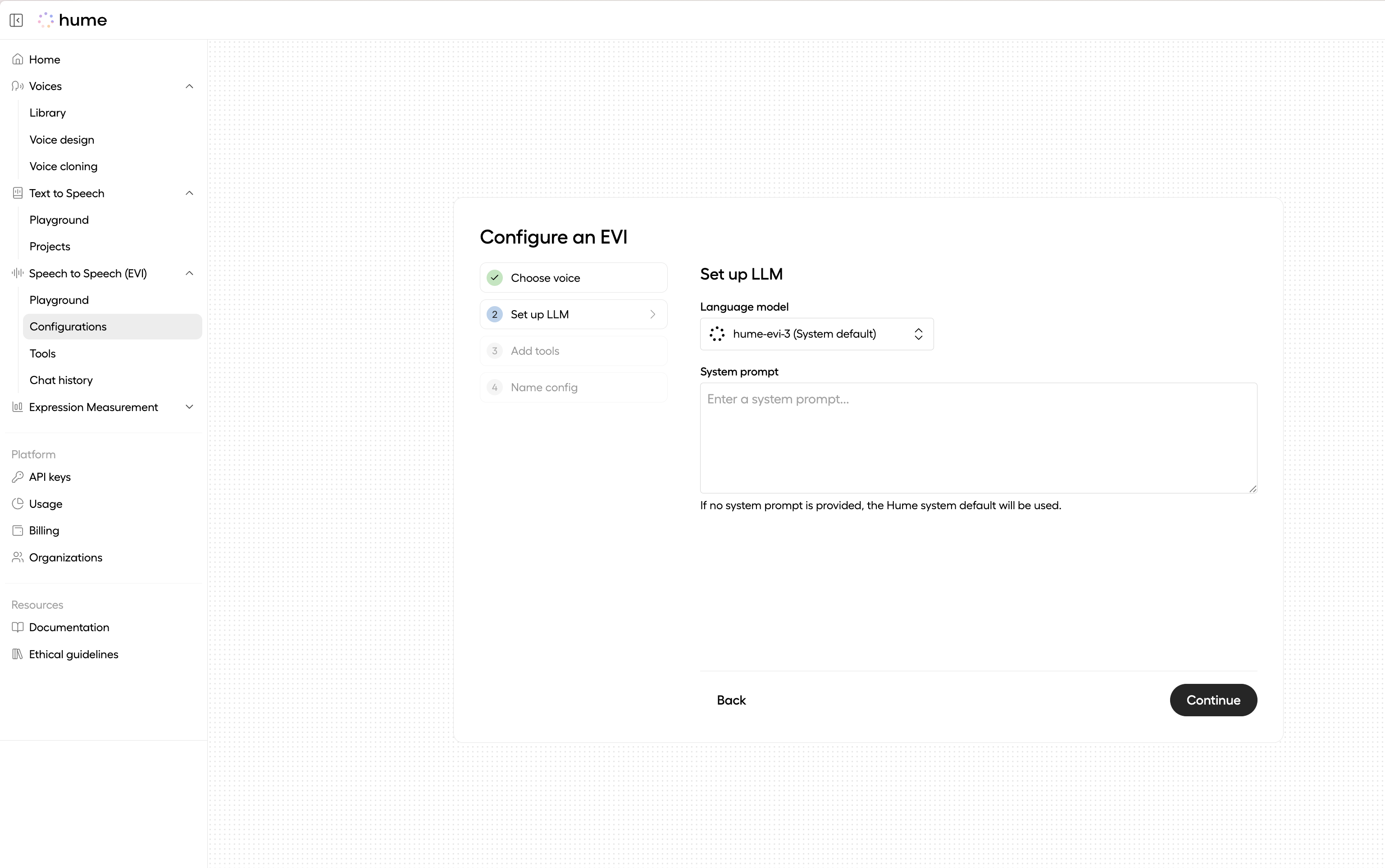 Supplemental LLM setup, the fourth step of EVI configuration