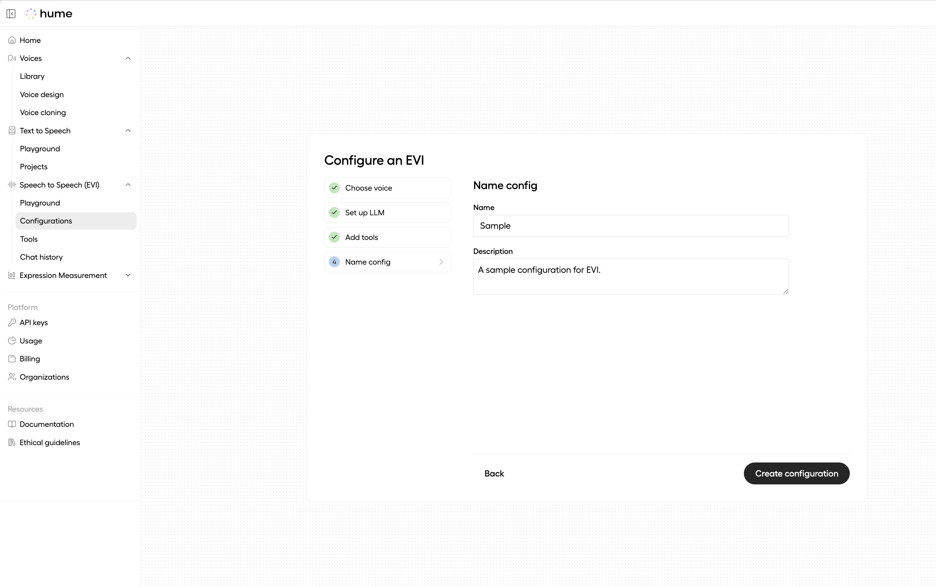 Providing a name and description, the sixth step of EVI configuration