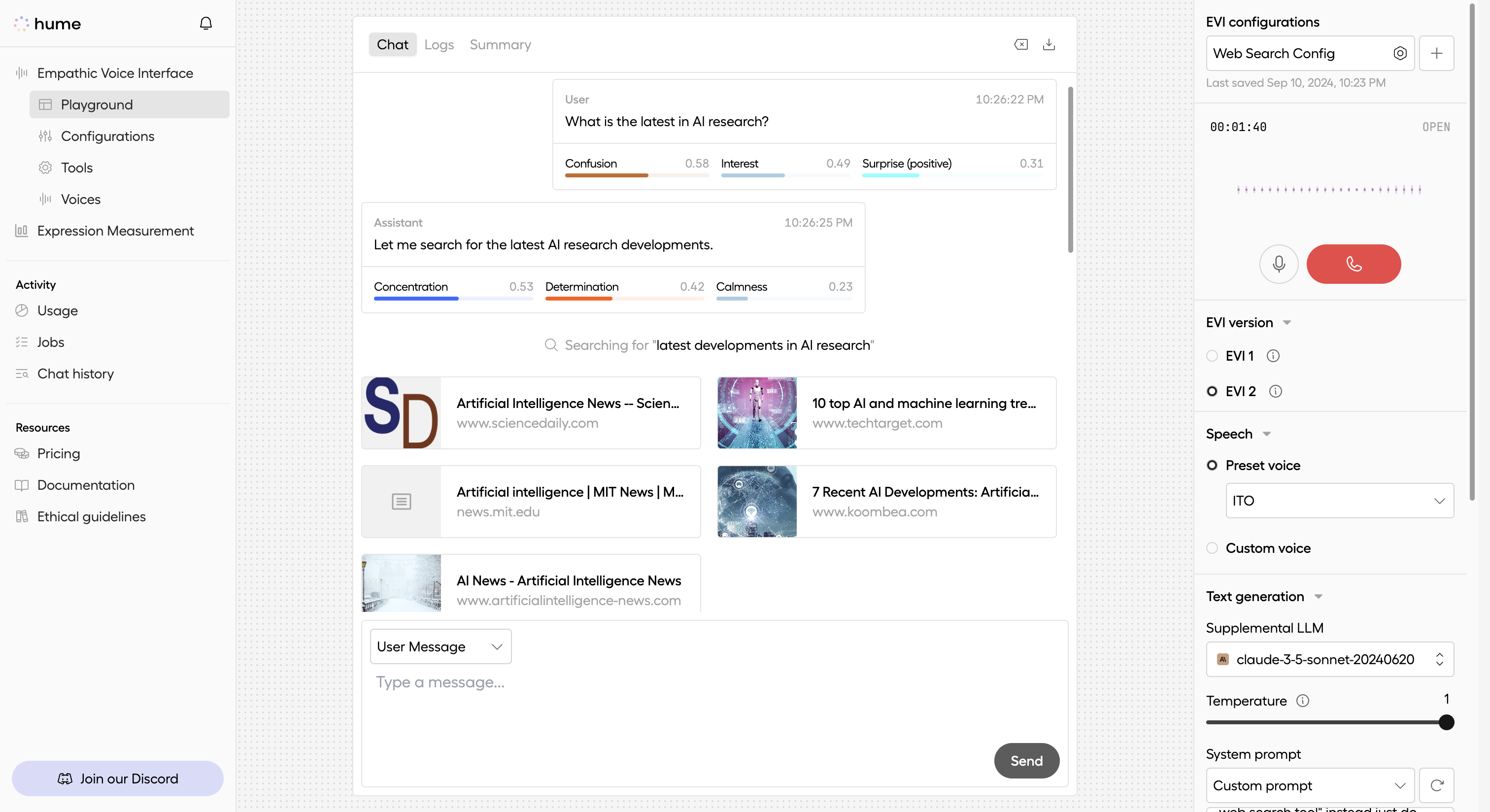 Ask EVI what is the latest news with AI research