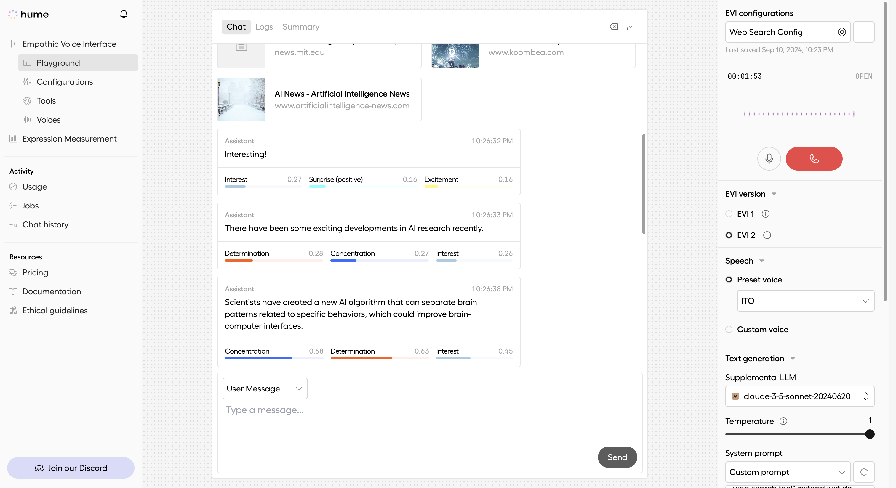EVI sends a response generated from web search results