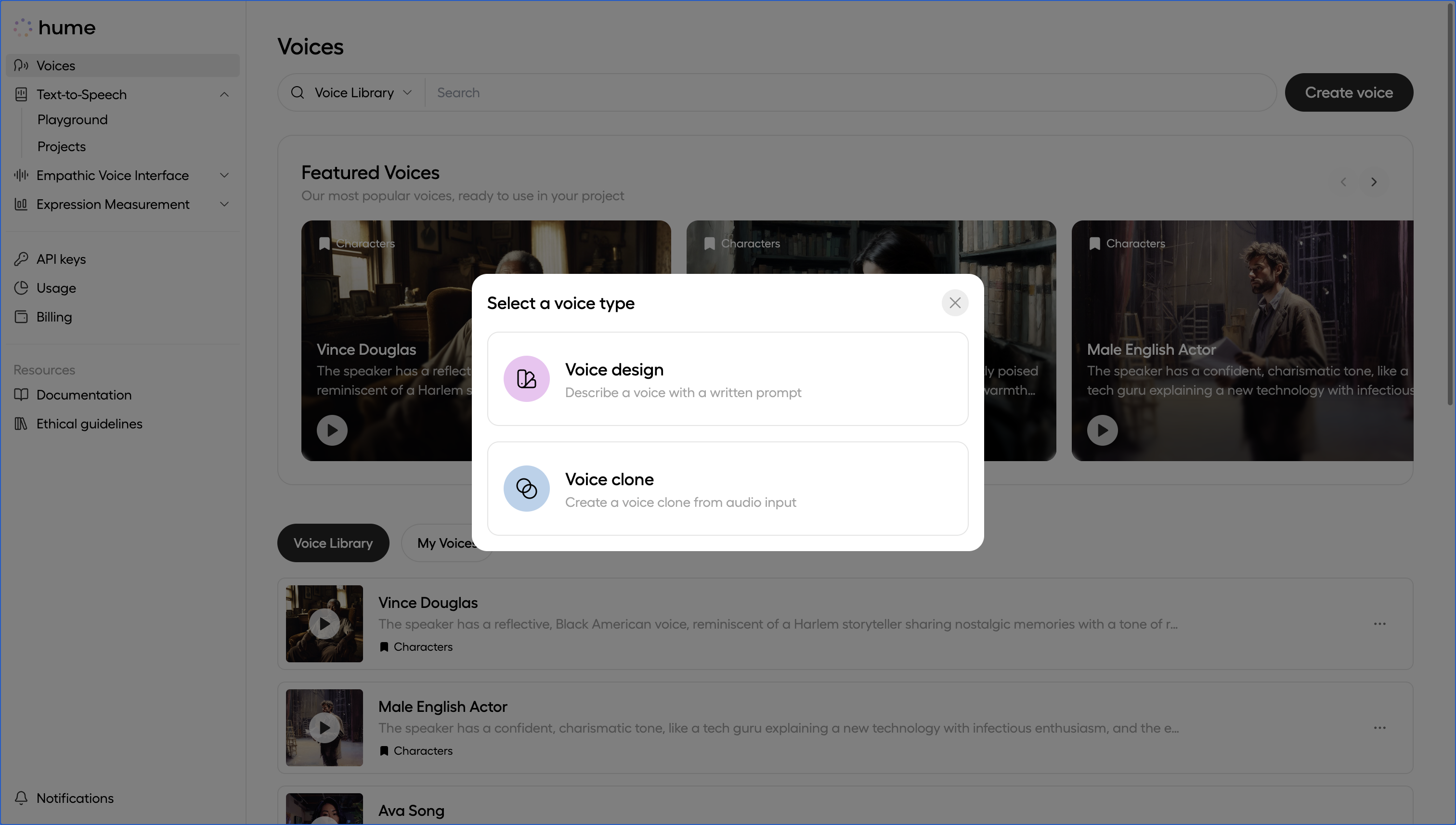 Voice library page, create voice menu