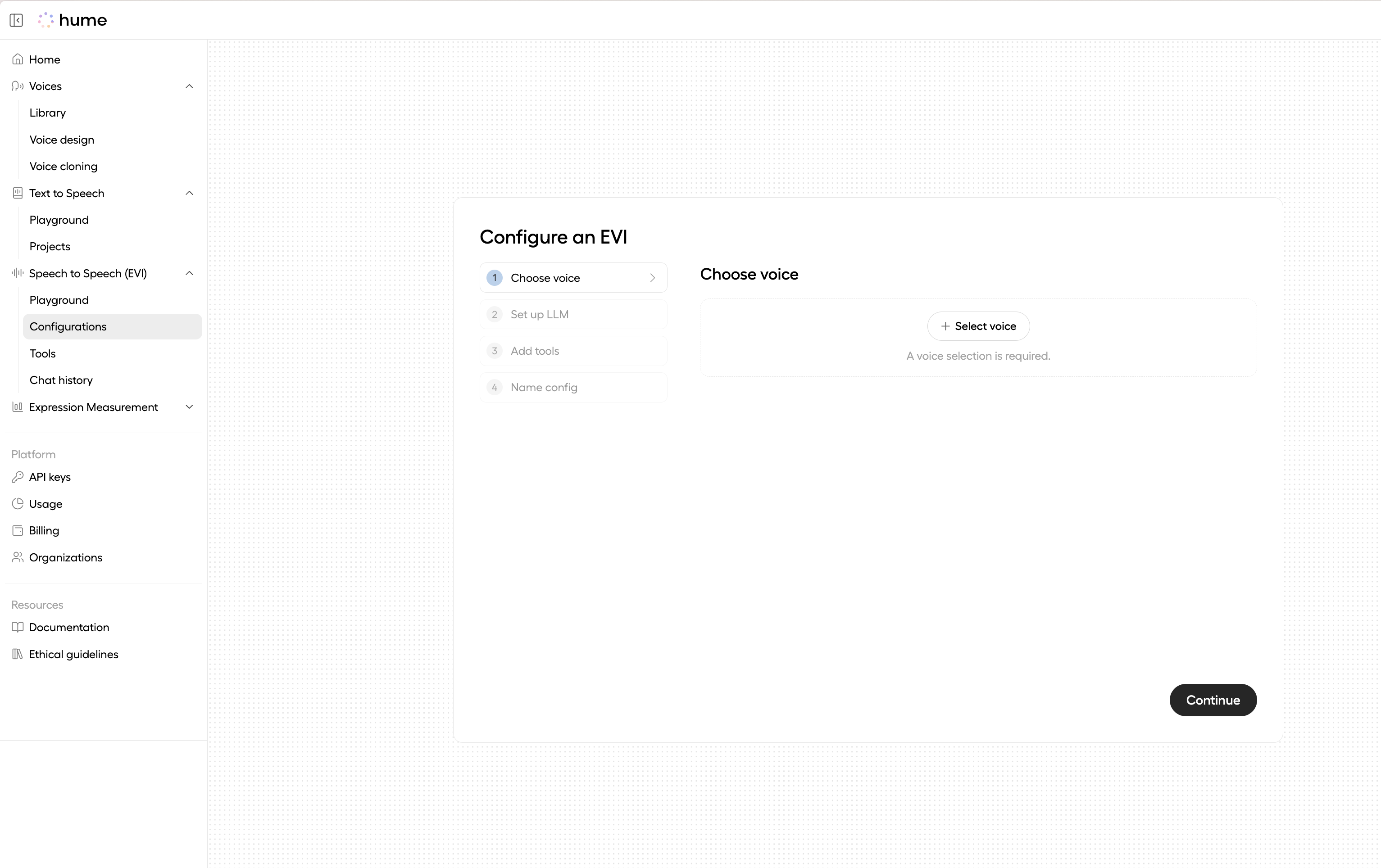 Voice selection, the third step of EVI configuration
