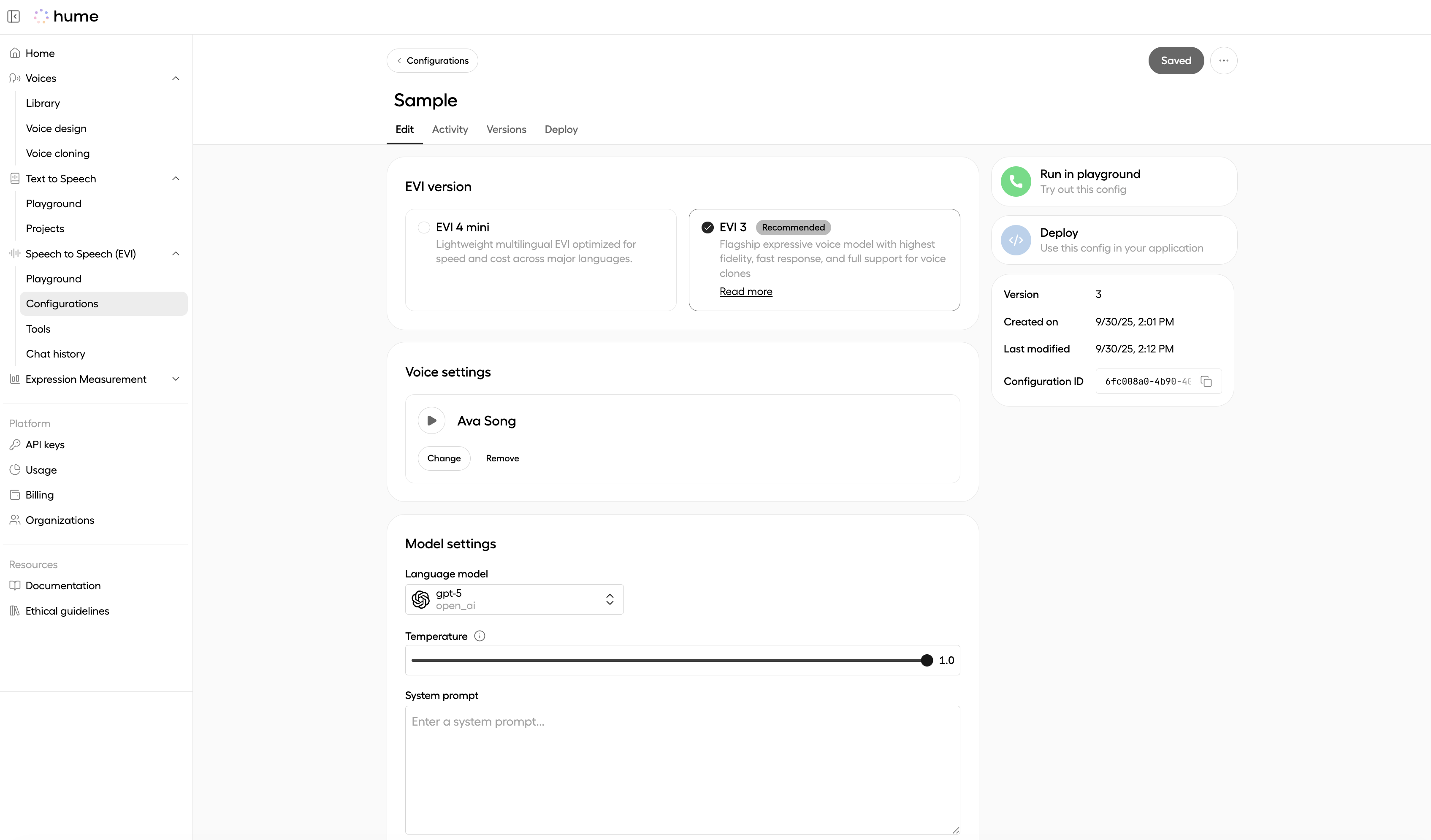 The page shown after a successful EVI configuration; the ID and name
are displayed, and two buttons appear ("Run in playground" and "Edit configuration")
