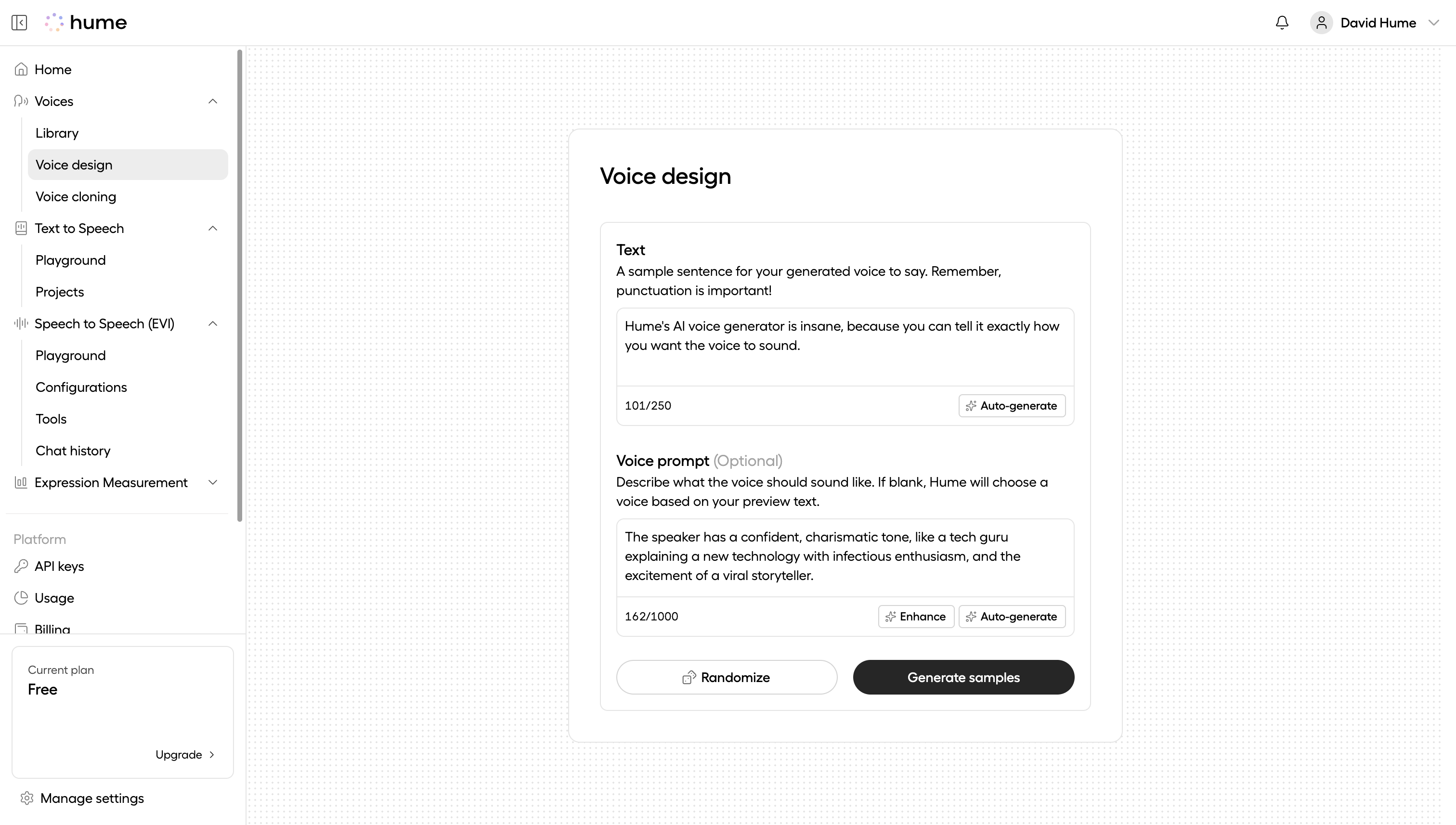 Voice design text and prompt
