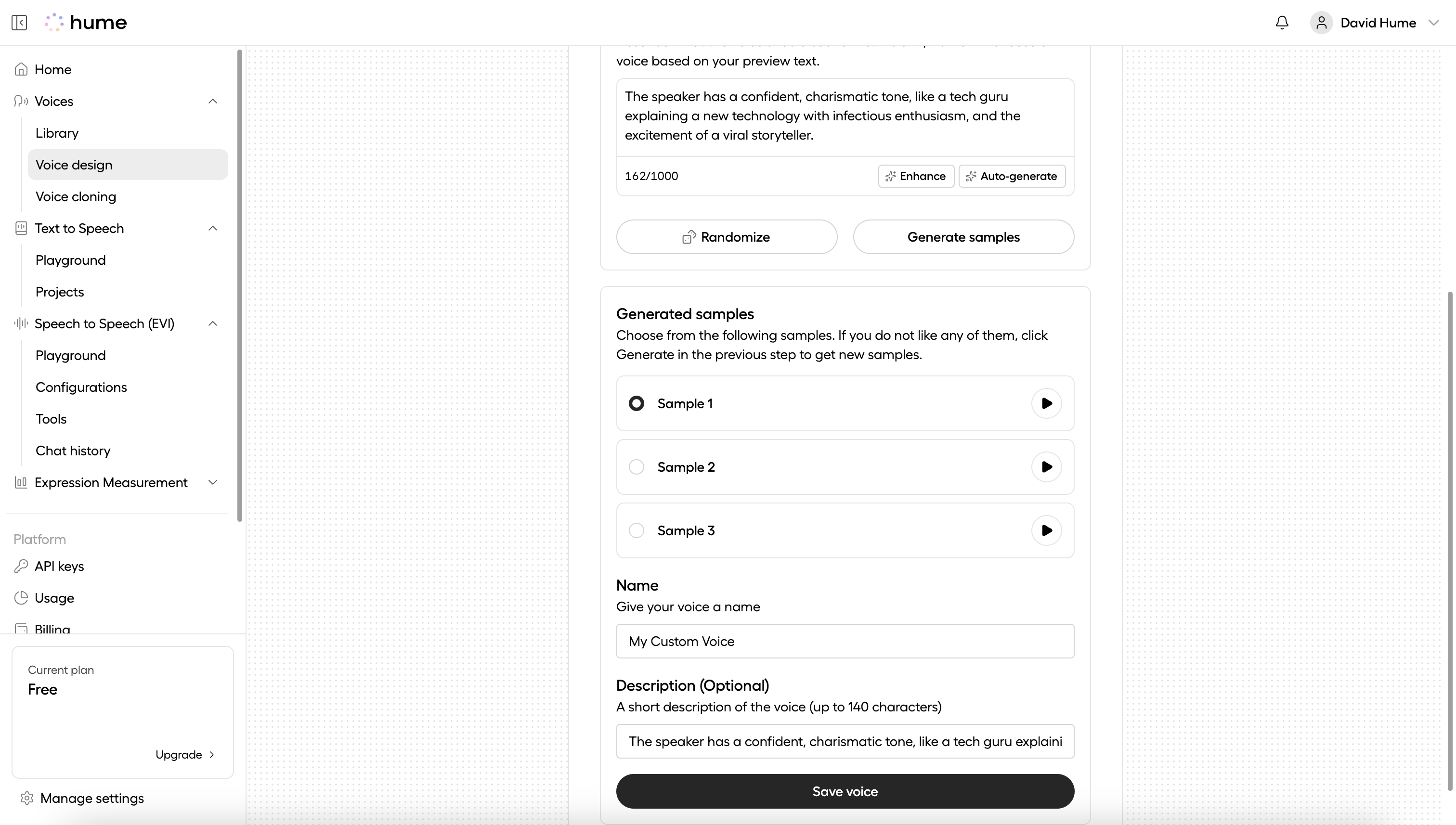 Voice design modal named voice