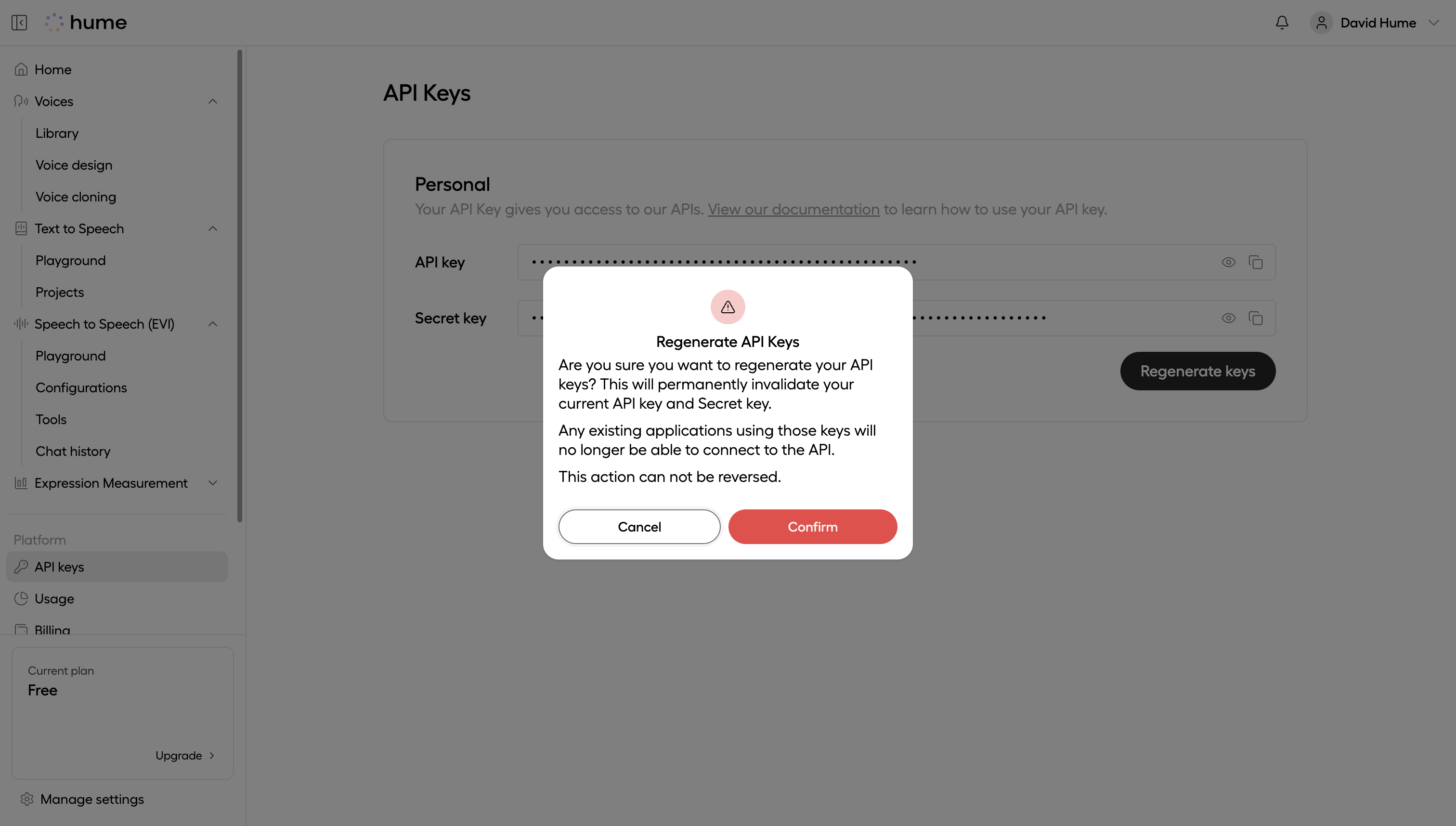 Regenerate API keys view within the Hume portal