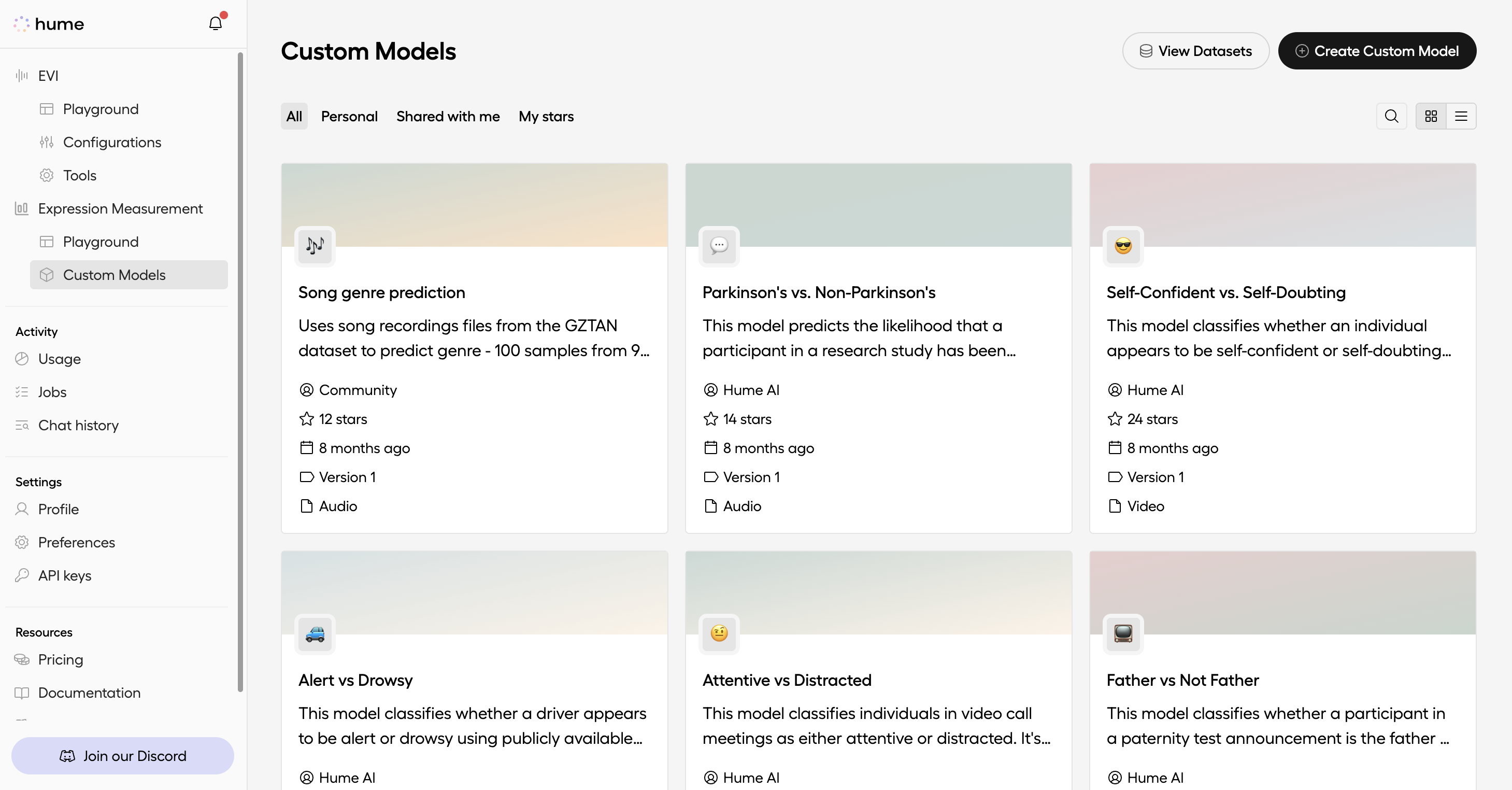 Custom Models section in the Portal